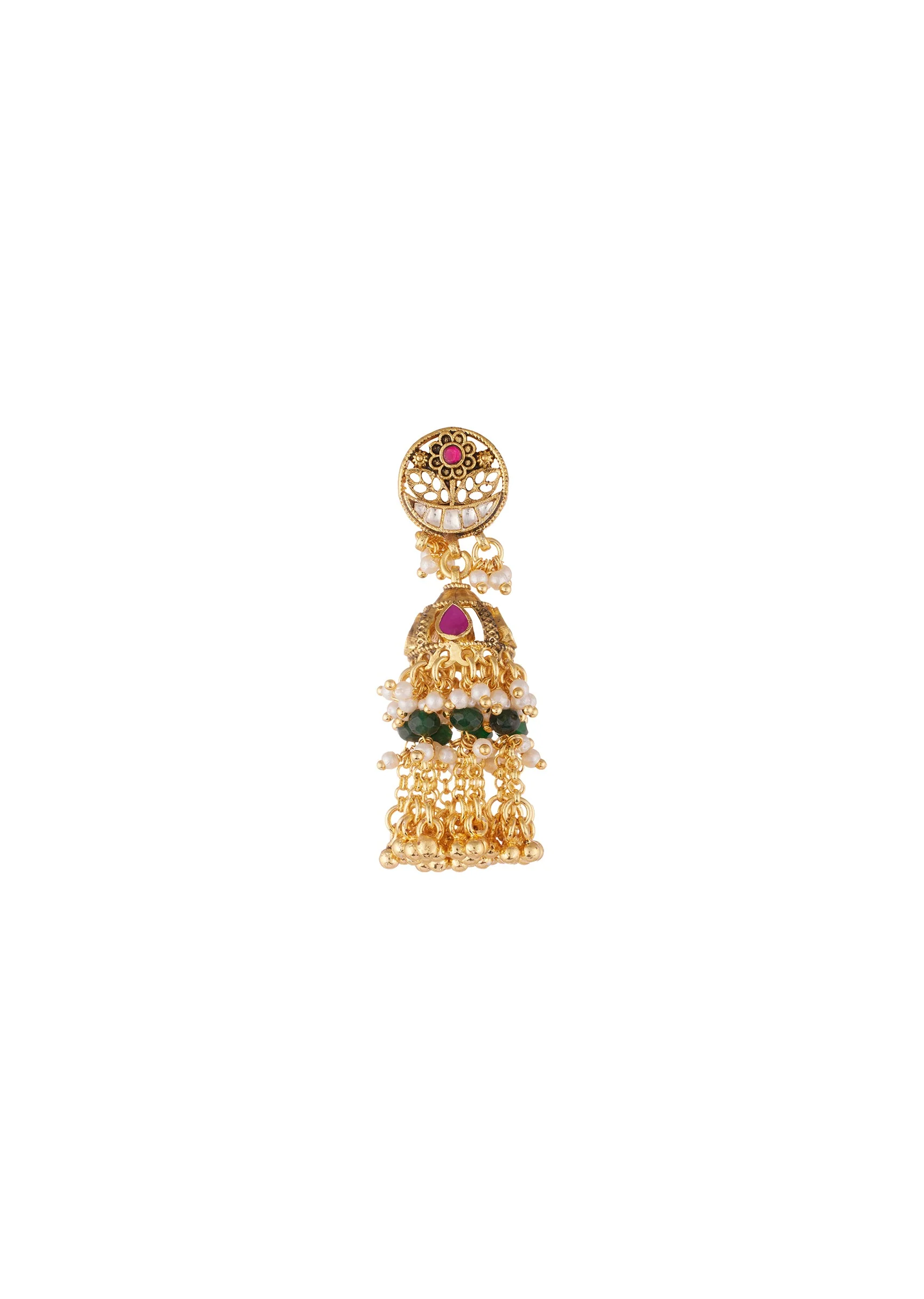 Gold Finish Tiered Choker Necklace Set With Circular Motifs Red Stones Kundan Work And Beaded Layers - Image 5