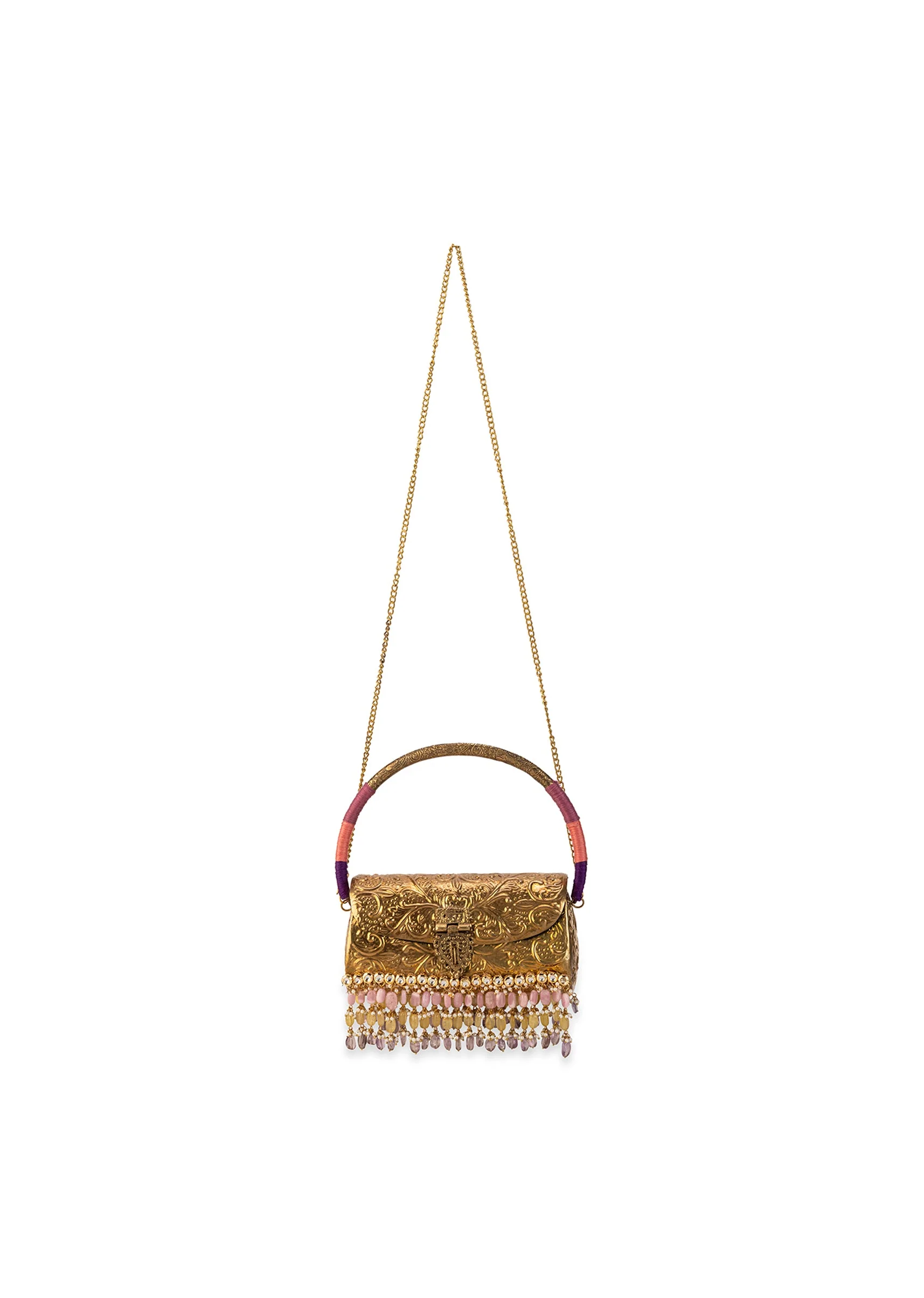 Gold Floral Engraved Bead Tassel Metal Bag - Image 5