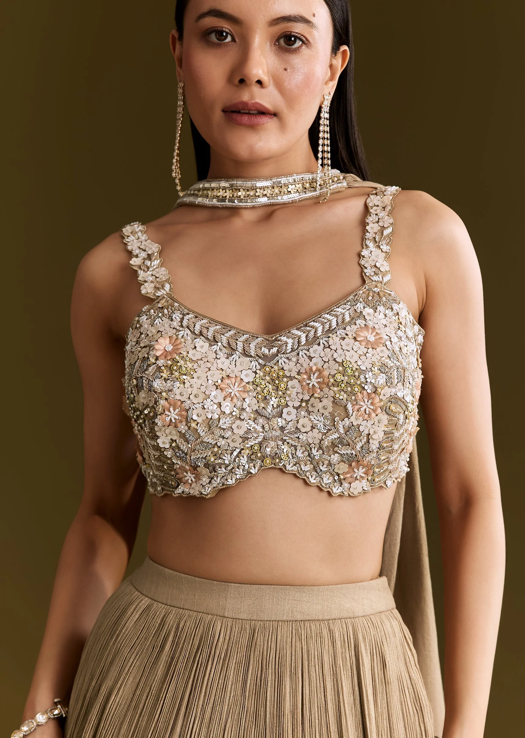Gold French Tissue Lehenga With Sequins And Choker Dupatta - Image 2
