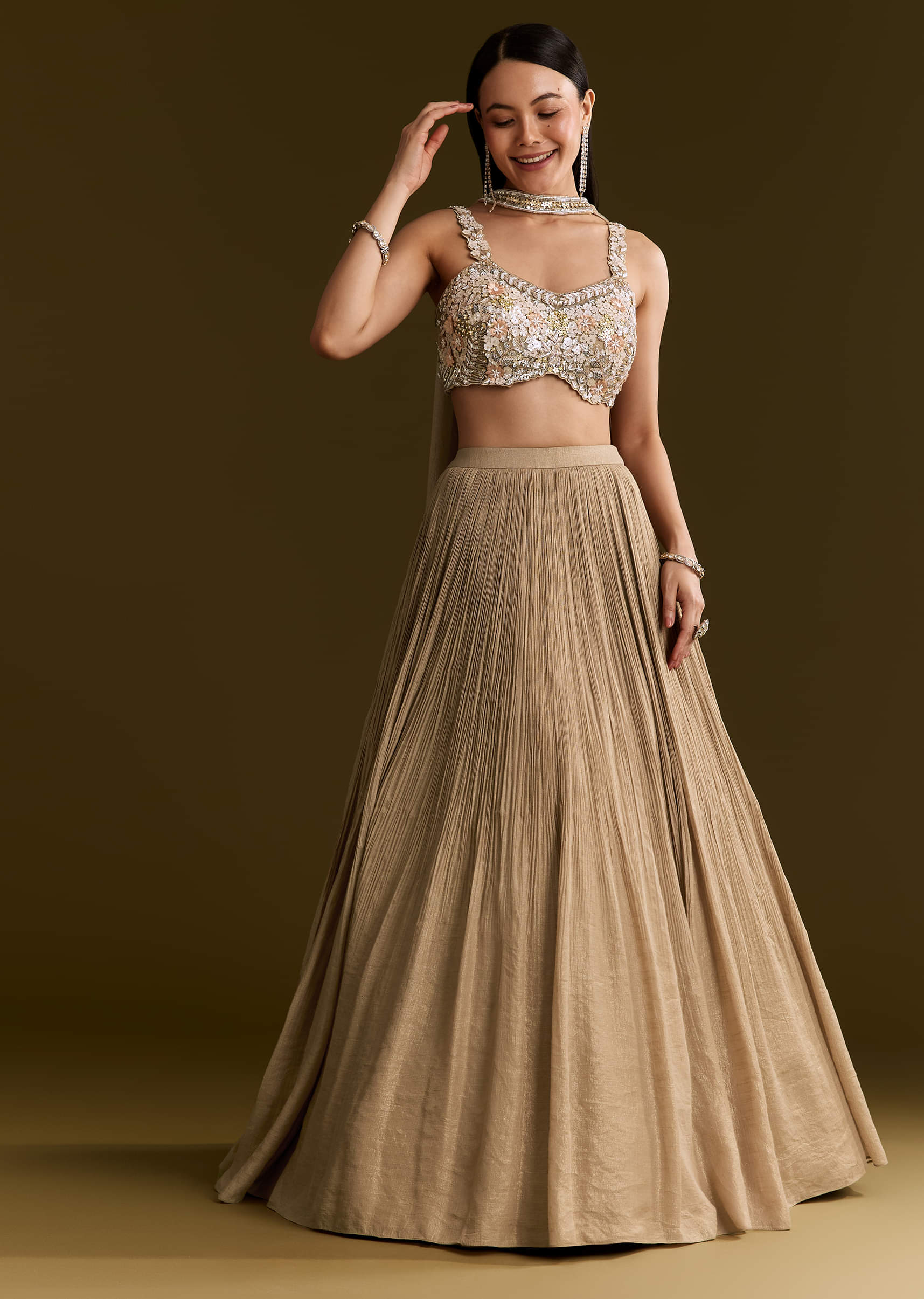Gold French Tissue Lehenga With Sequins And Choker Dupatta - Image 3