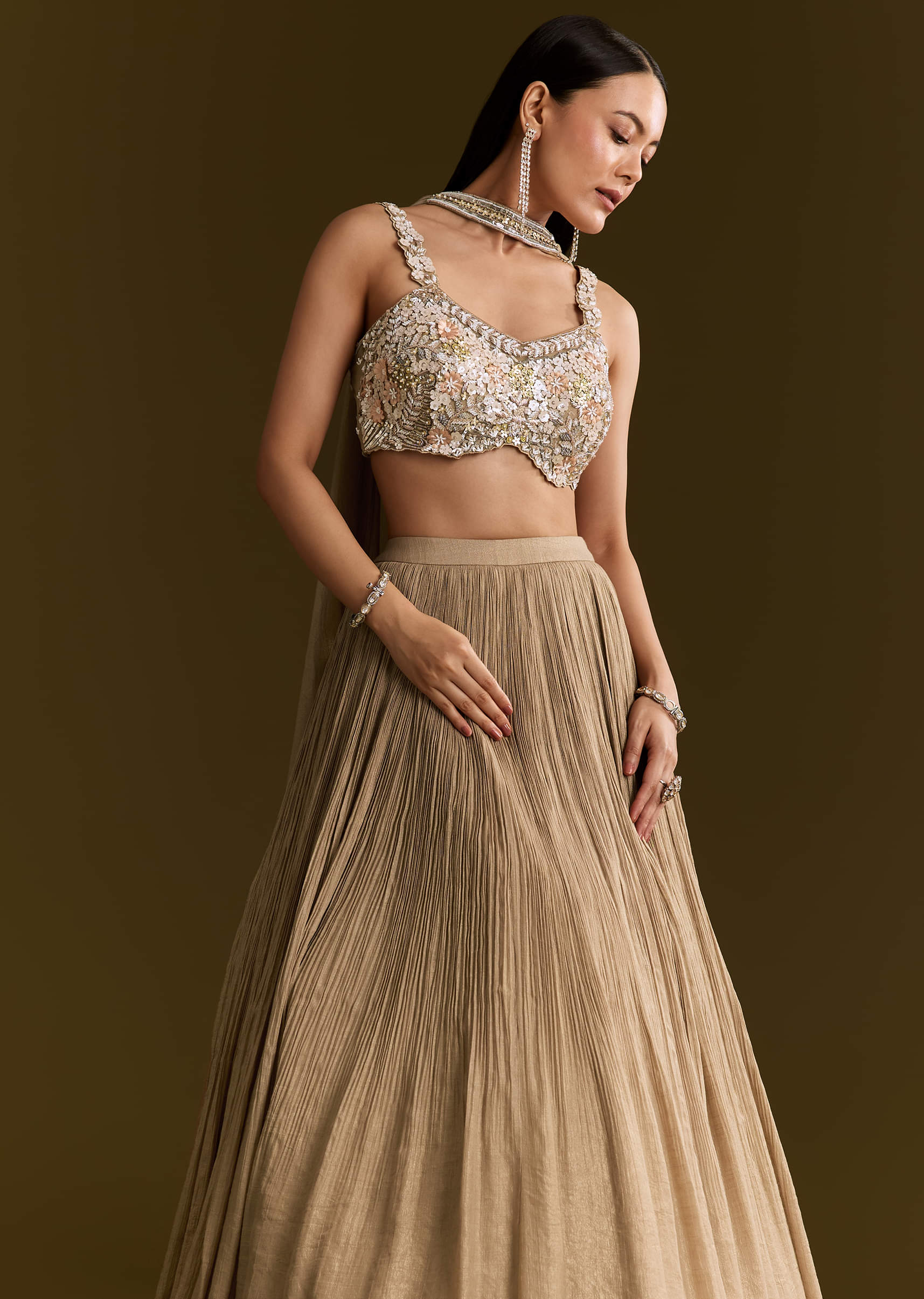 Gold French Tissue Lehenga With Sequins And Choker Dupatta - Image 4