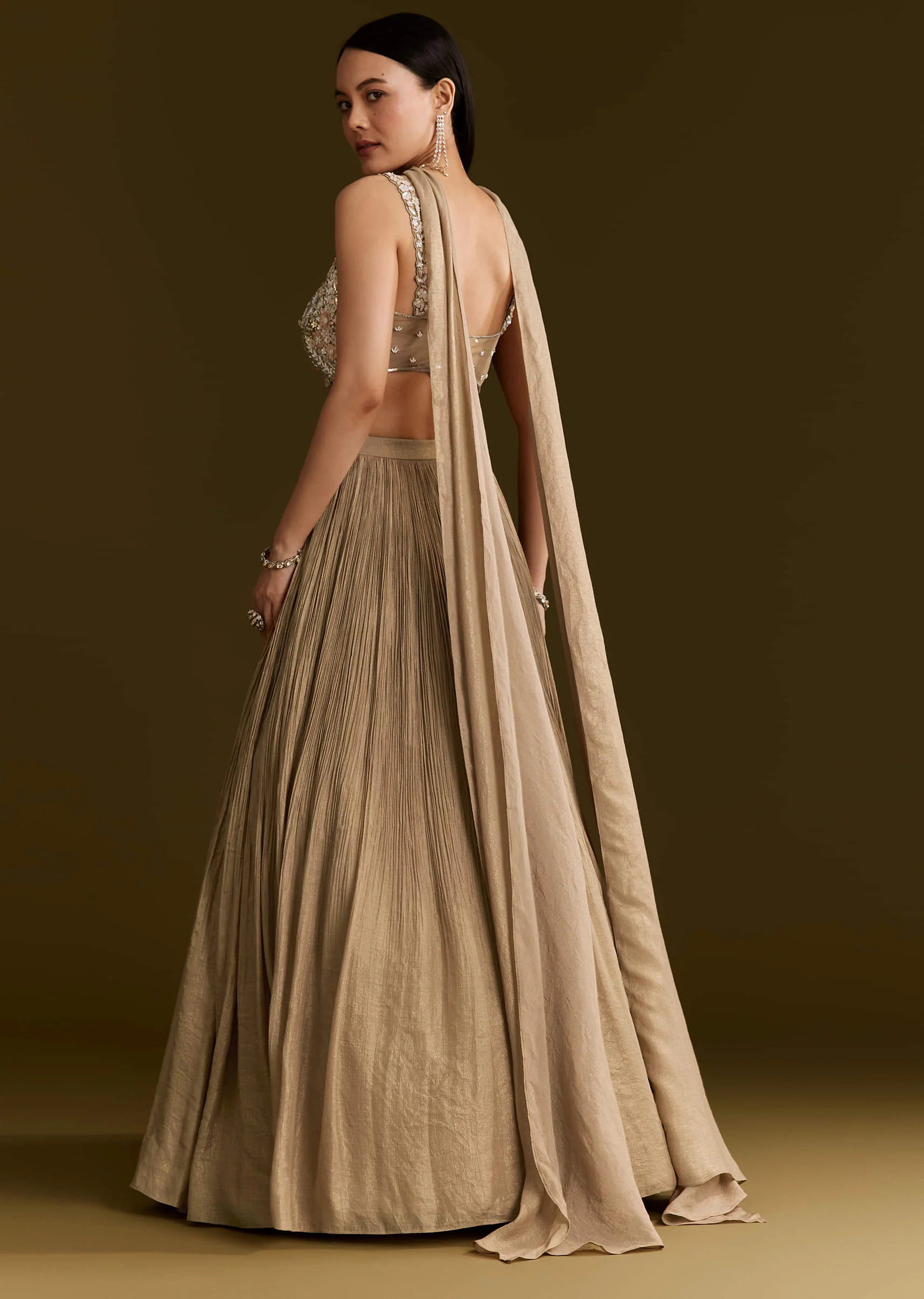 Gold French Tissue Lehenga With Sequins And Choker Dupatta - Image 5