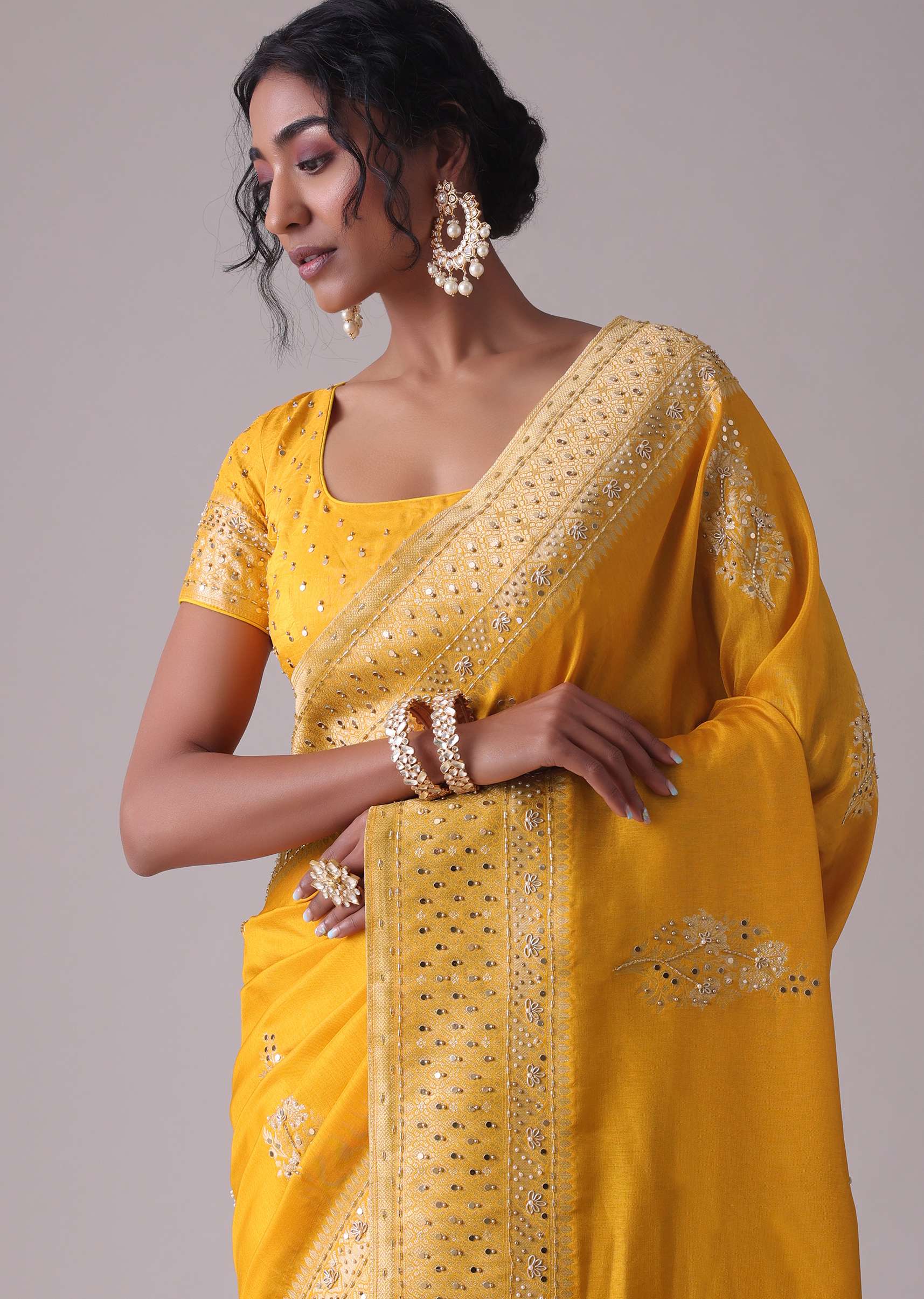 Gold Fusion Yellow Embroidered Saree In Khadi Silk - Image 2