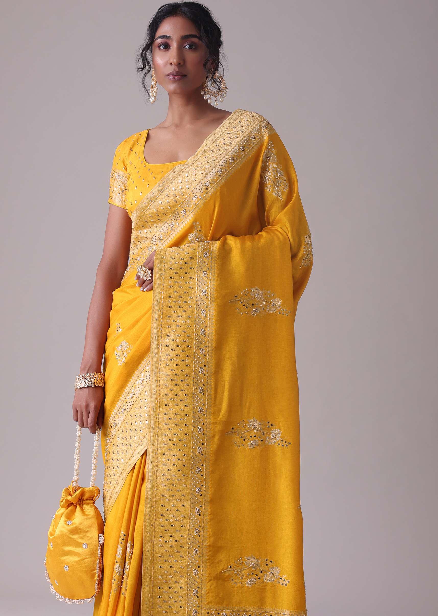 Gold Fusion Yellow Embroidered Saree In Khadi Silk - Image 5