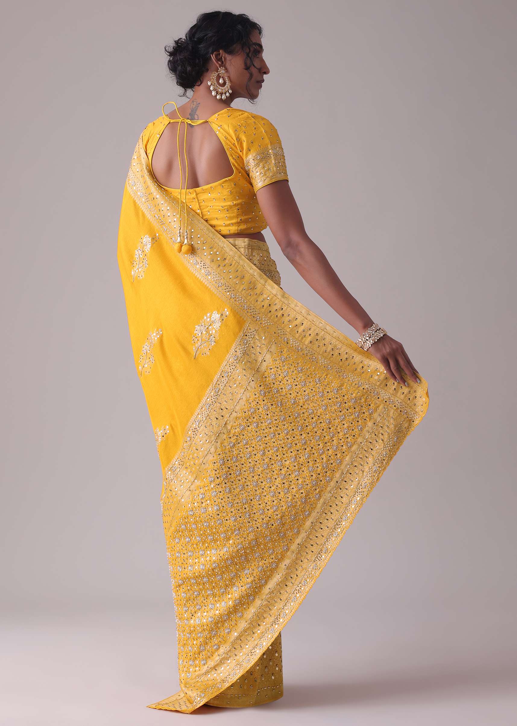 Gold Fusion Yellow Embroidered Saree In Khadi Silk - Image 6