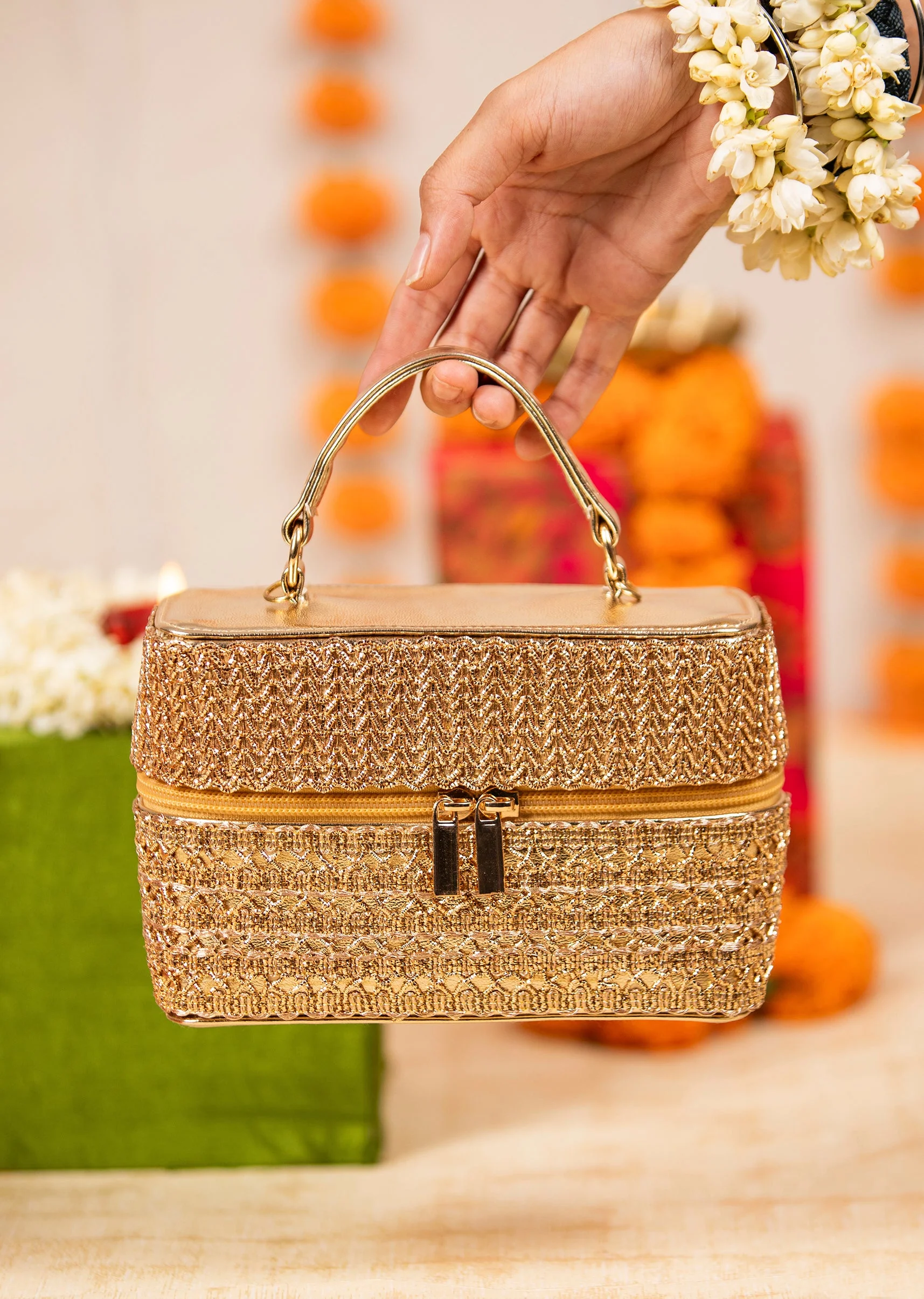Gold Geometric Textured Embellished Bag - Image 2