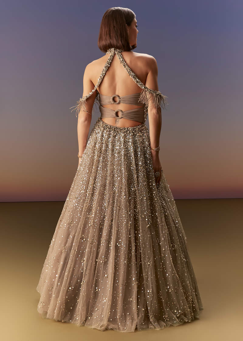 Gold Halter Neck Gown With Cut Out Back And Embellished Bodice - Image 2