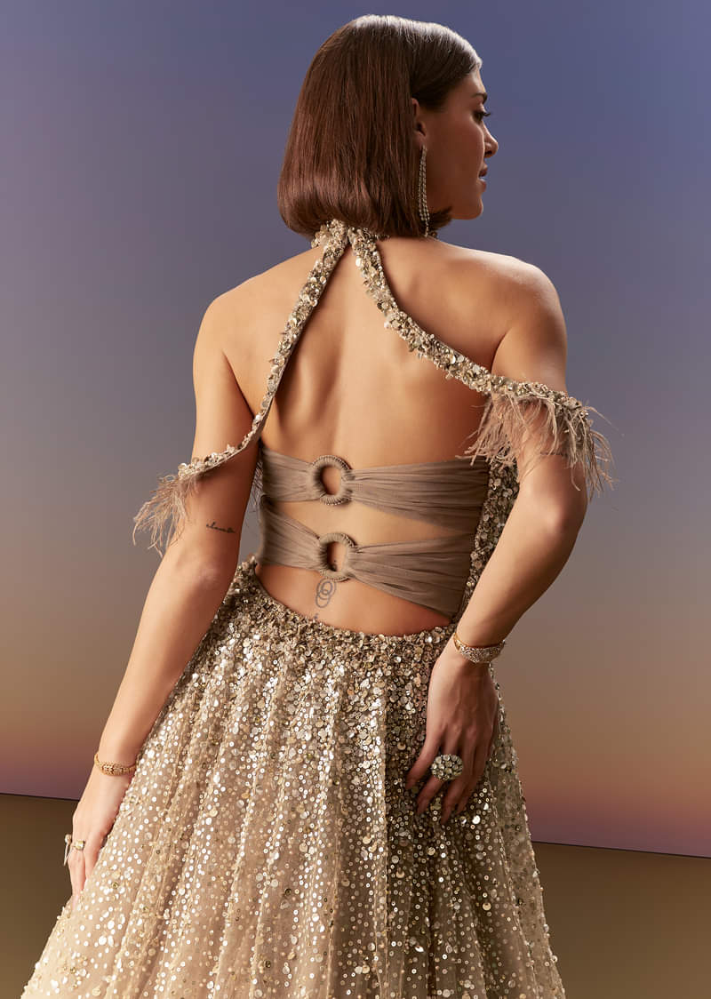 Gold Halter Neck Gown With Cut Out Back And Embellished Bodice - Image 6
