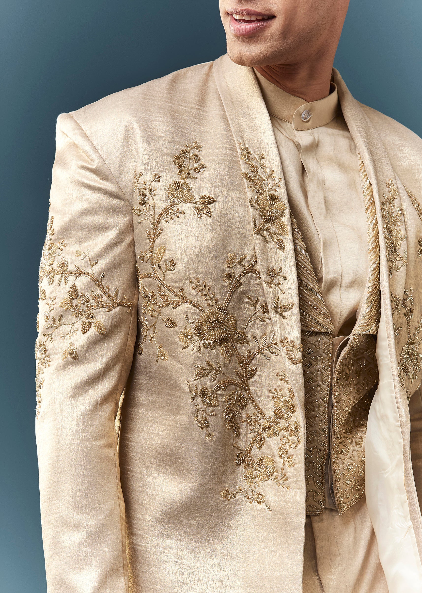 Gold Hand Embroidered Blazer And Waistcoat Set - Image 2