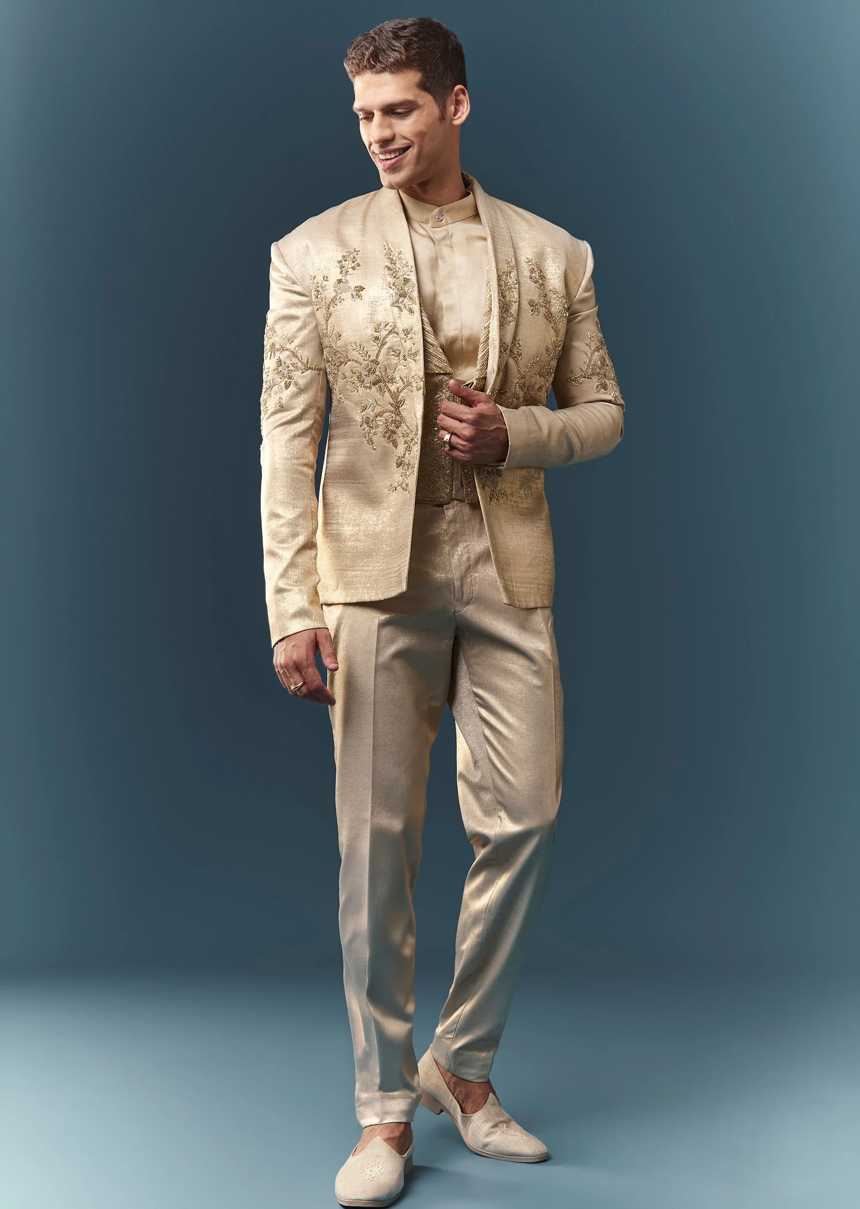 Gold Hand Embroidered Blazer And Waistcoat Set - Image 3