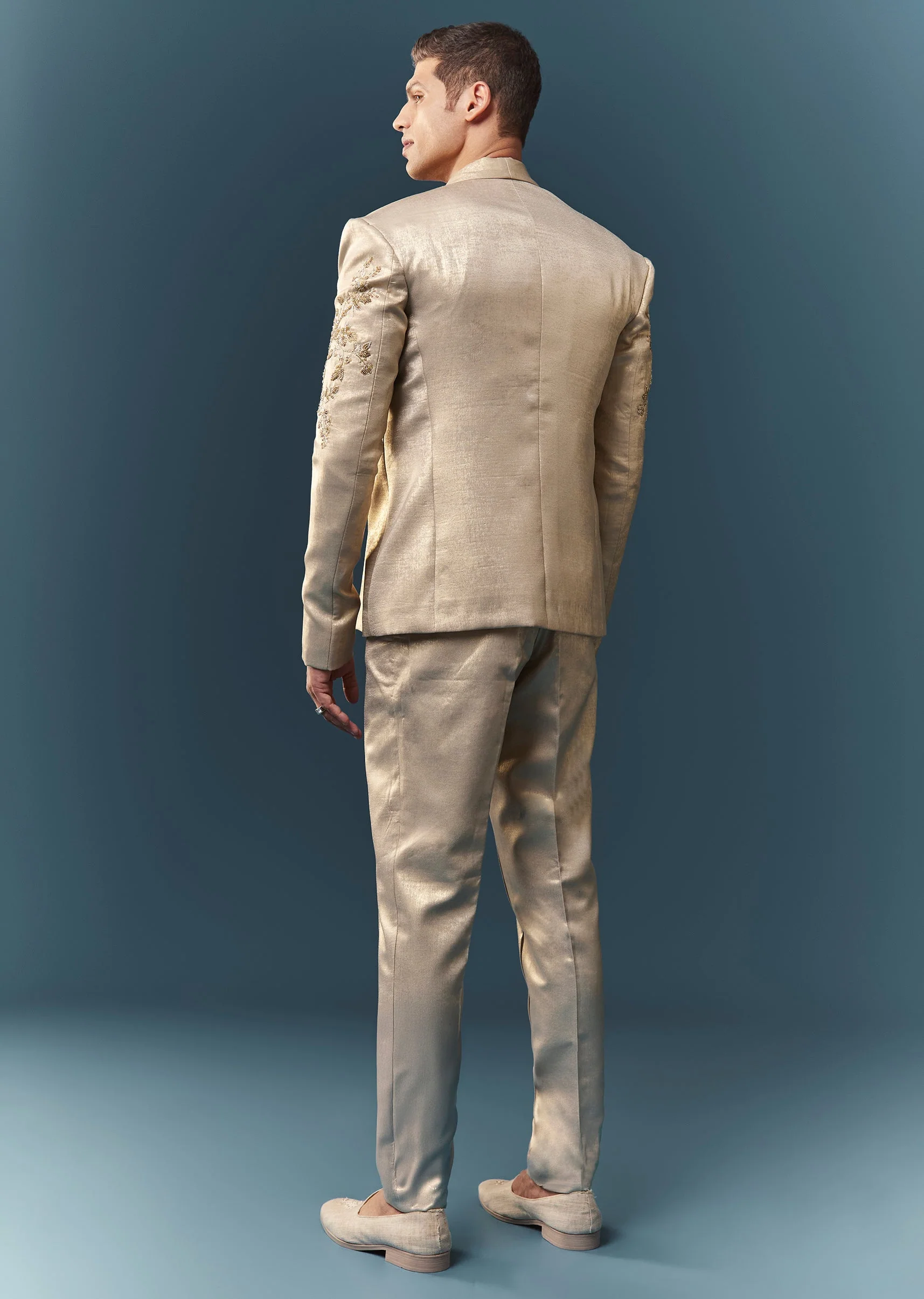 Gold Hand Embroidered Blazer And Waistcoat Set - Image 5