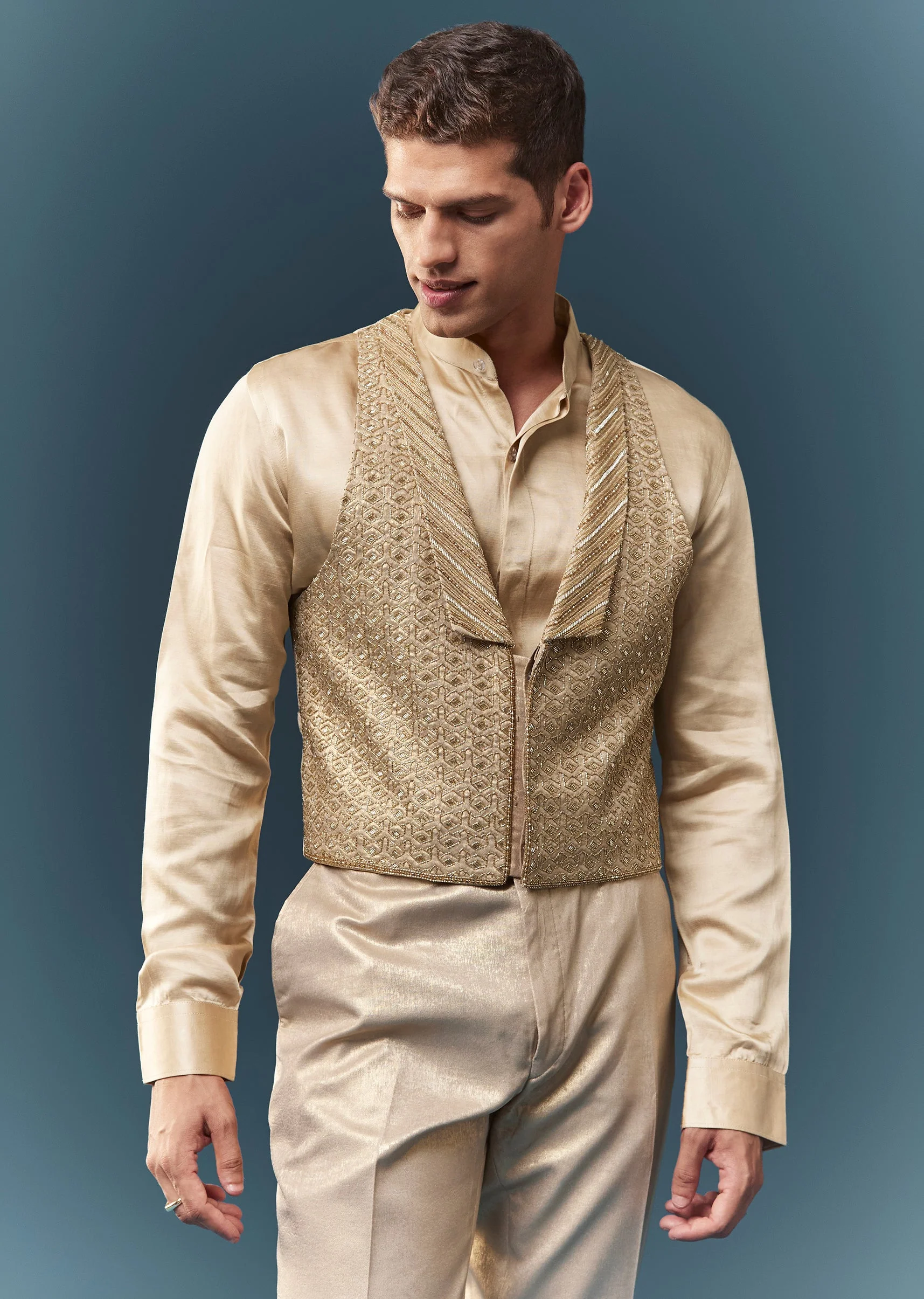 Gold Hand Embroidered Blazer And Waistcoat Set - Image 6