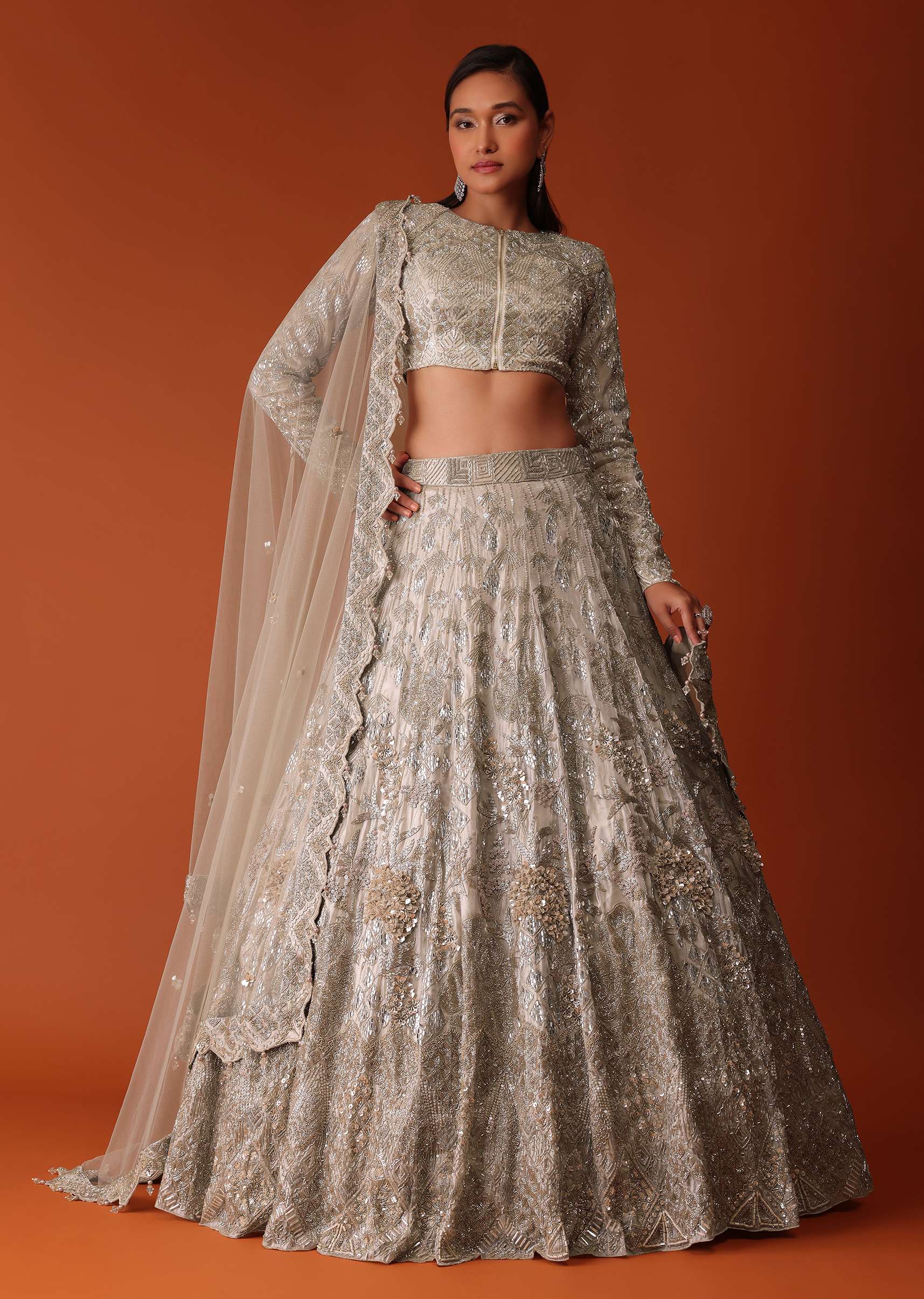 Gold Hand Embroidered Bridal Lehenga Set In Organza - Image 3