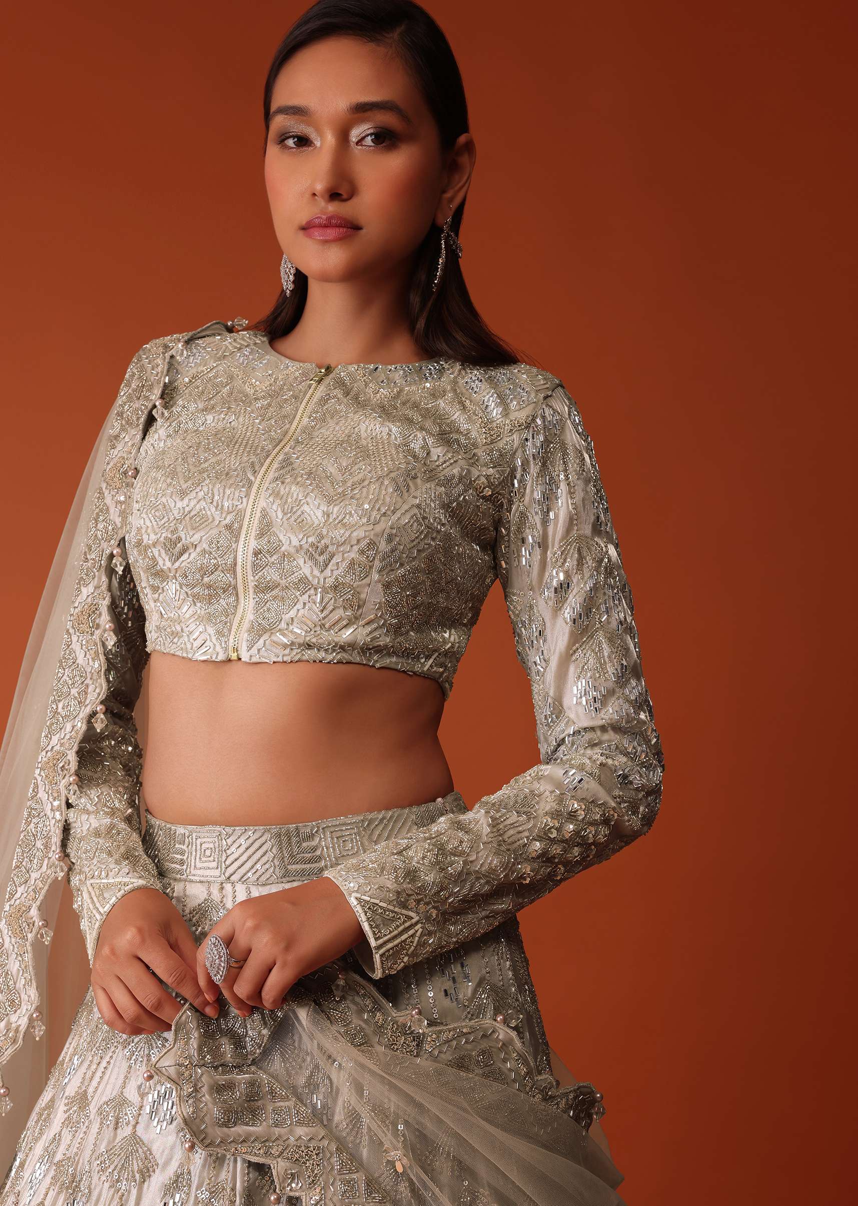 Gold Hand Embroidered Bridal Lehenga Set In Organza - Image 5