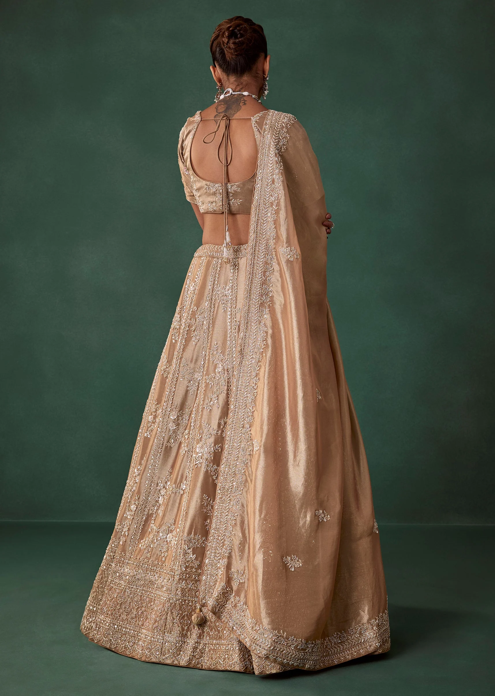 Gold Hand Embroidered Bridal Lehenga Set in Satin - Image 2