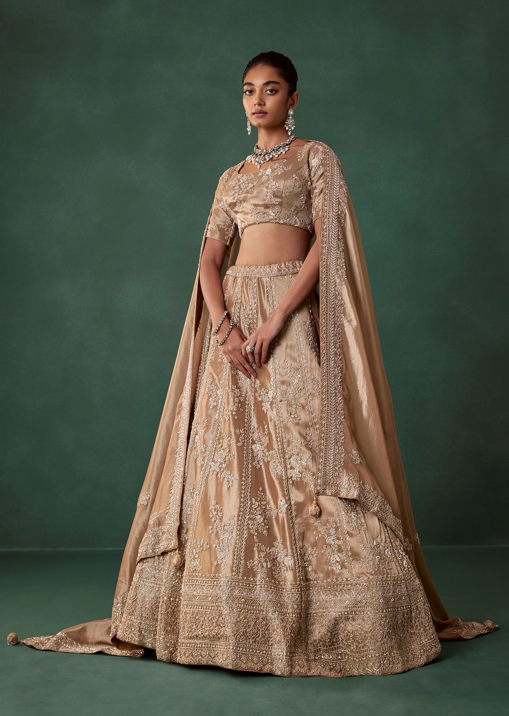 Gold Hand Embroidered Bridal Lehenga Set in Satin - Image 4