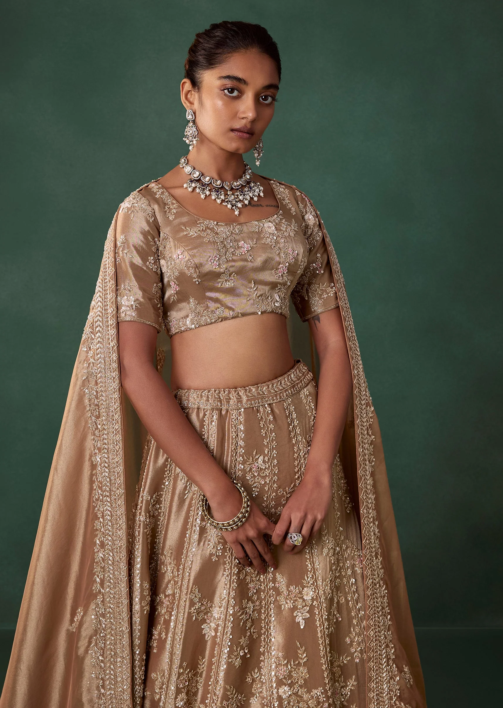 Gold Hand Embroidered Bridal Lehenga Set in Satin - Image 5