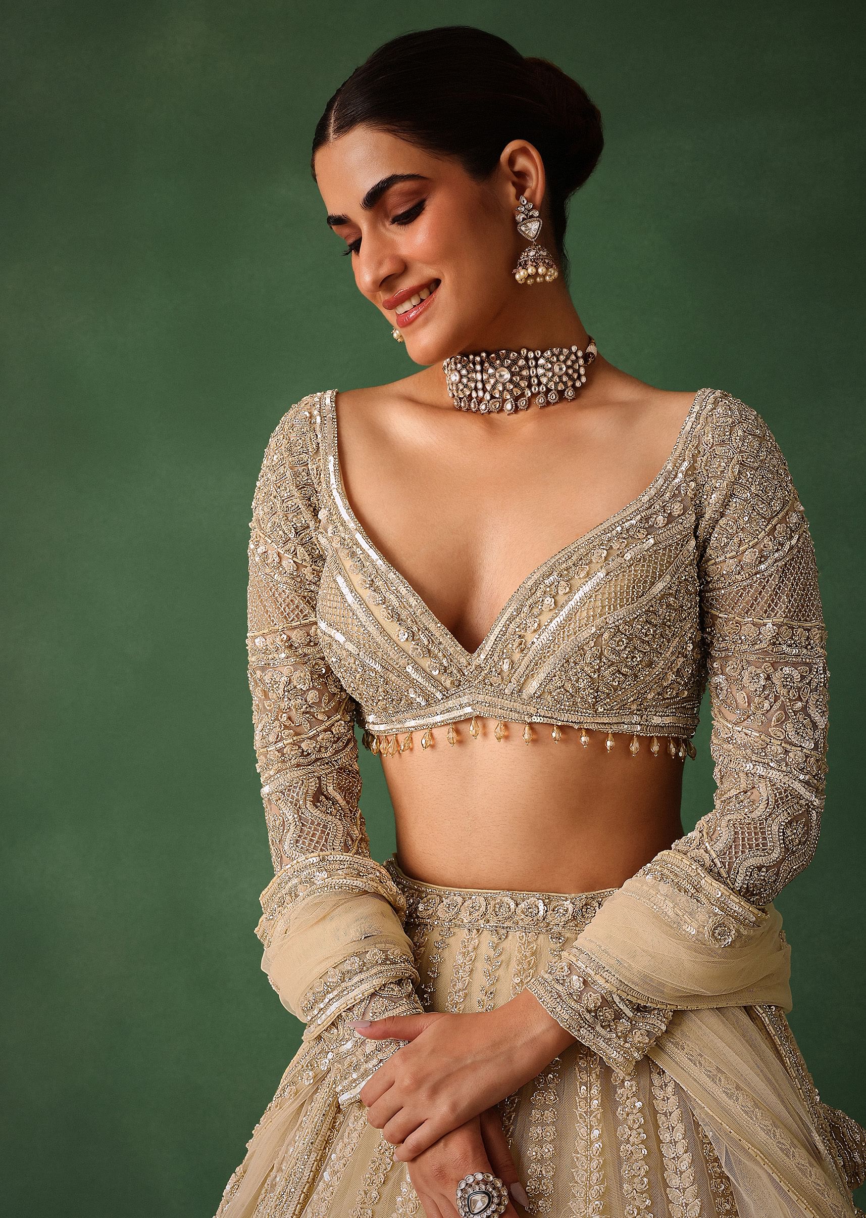Gold Hand Embroidered Lehenga Set In Raw Silk With Dupatta - Image 2