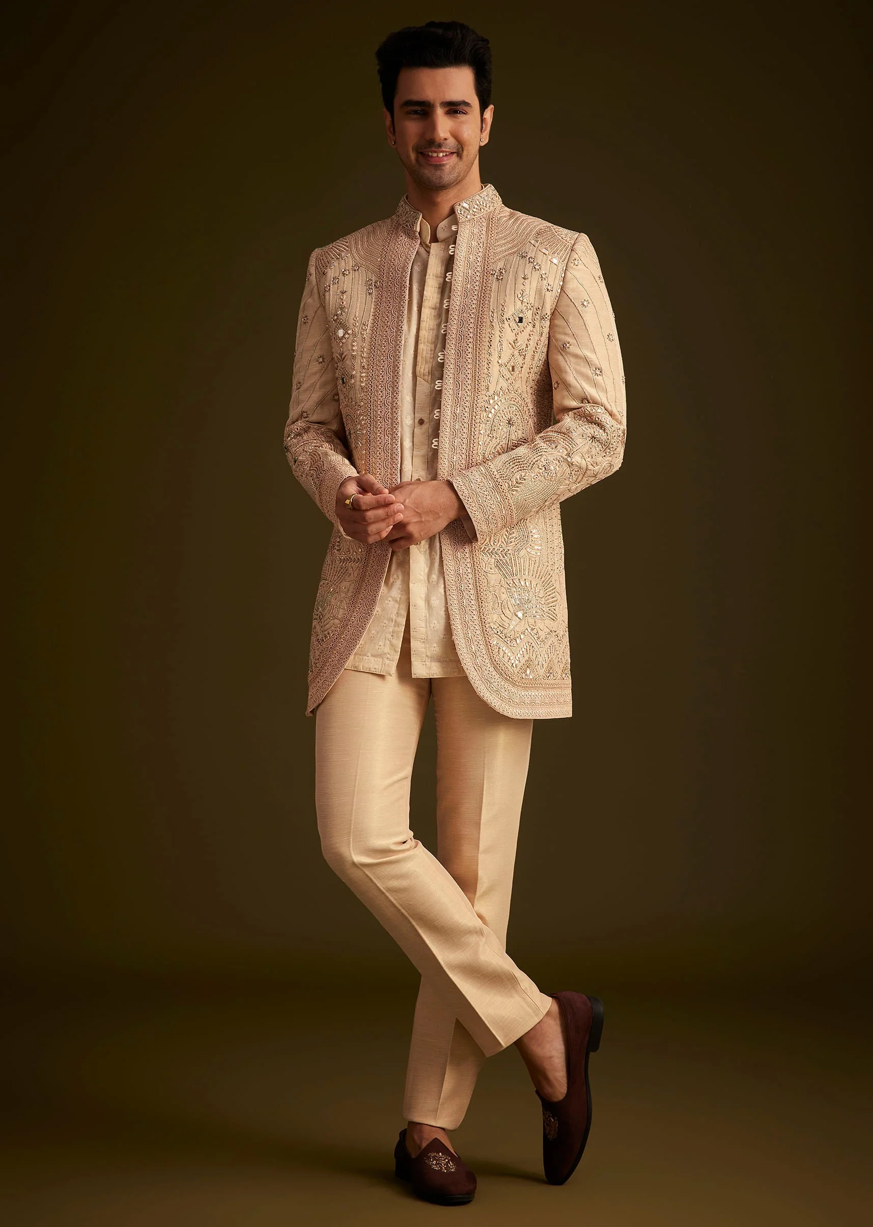 Gold Hand Embroidered Sherwani Set With Intricate Detailing - Image 4