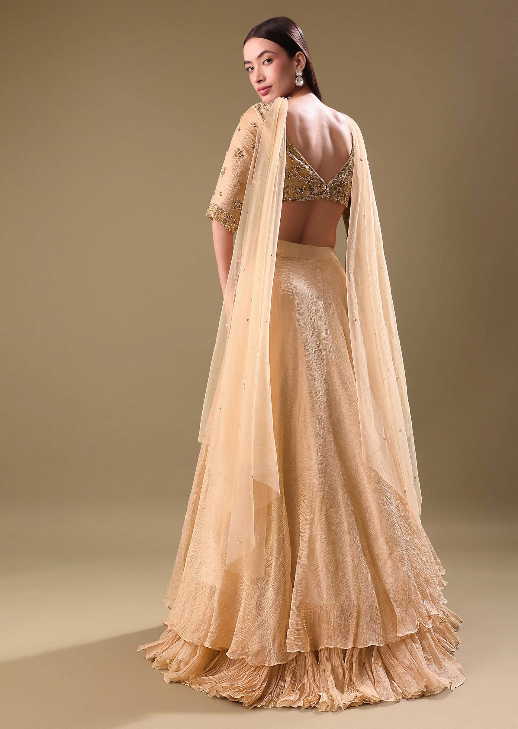Gold Hand Embroidered Tissue Lehenga And Blouse With Dupatta - Image 5