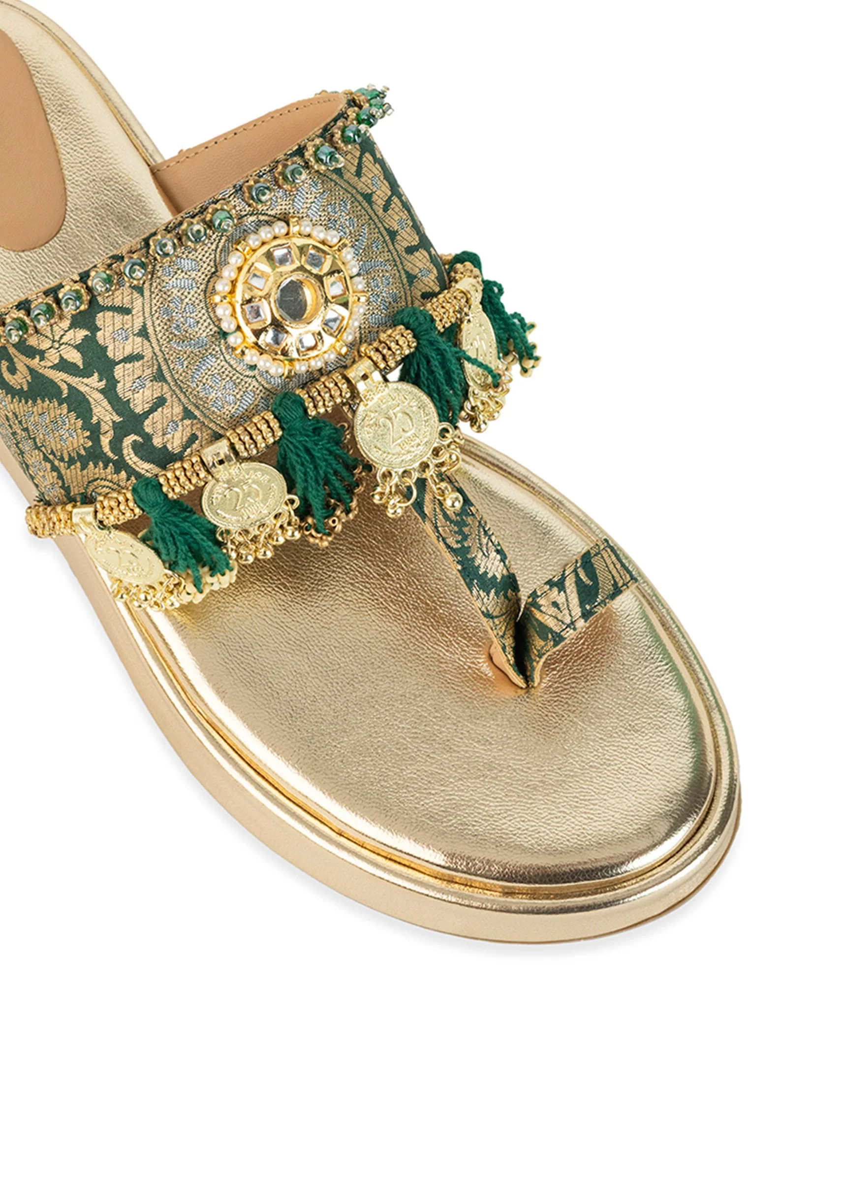 Gold Handcrafted Tassel Wedges with Brocade Straps - Image 3