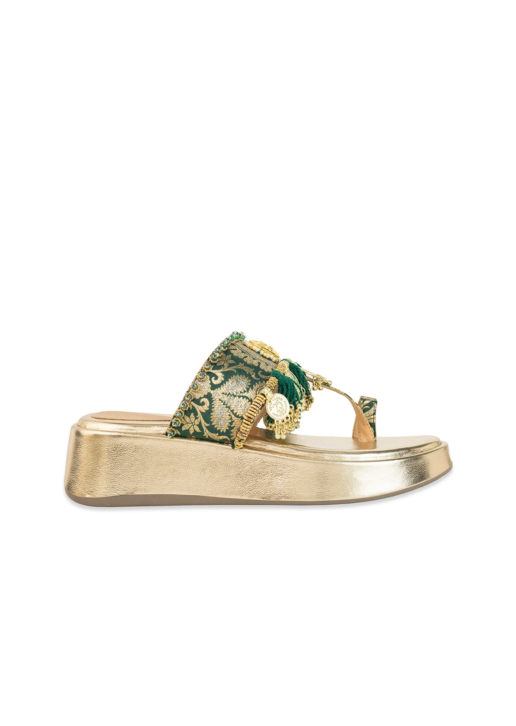 Gold Handcrafted Tassel Wedges with Brocade Straps - Image 6