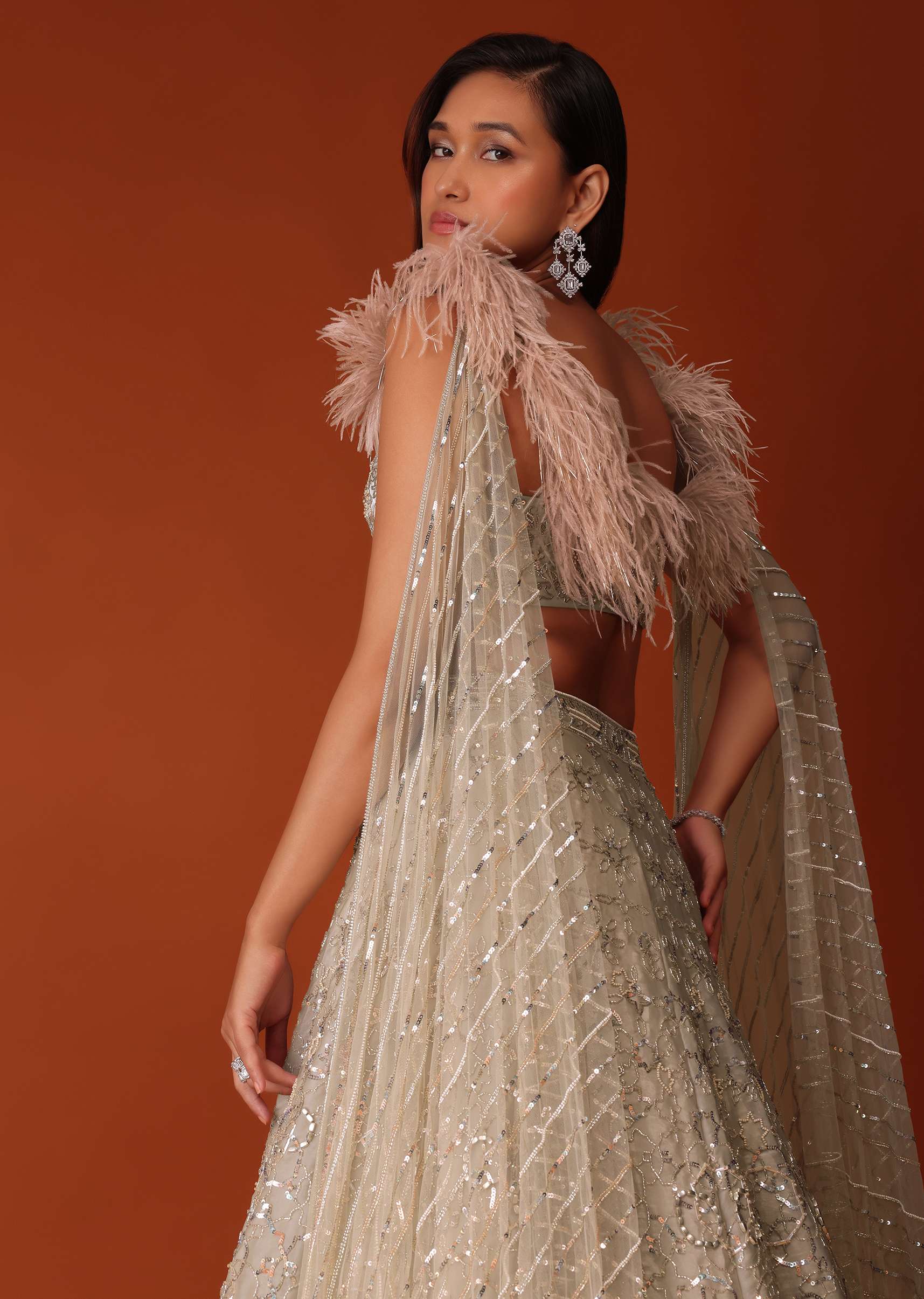 Gold Heavy Hand Embroidered Bridal Lehenga Set In Organza - Image 5