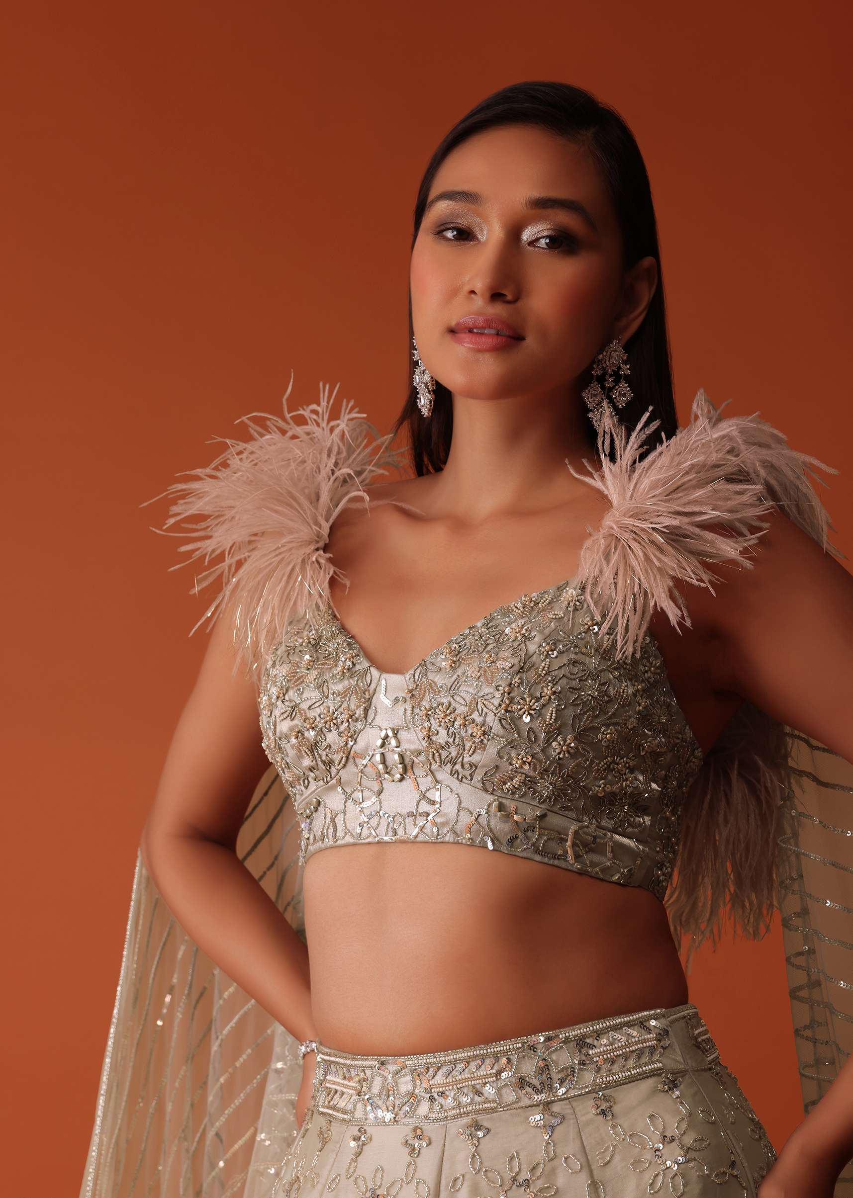 Gold Heavy Hand Embroidered Bridal Lehenga Set In Organza - Image 6