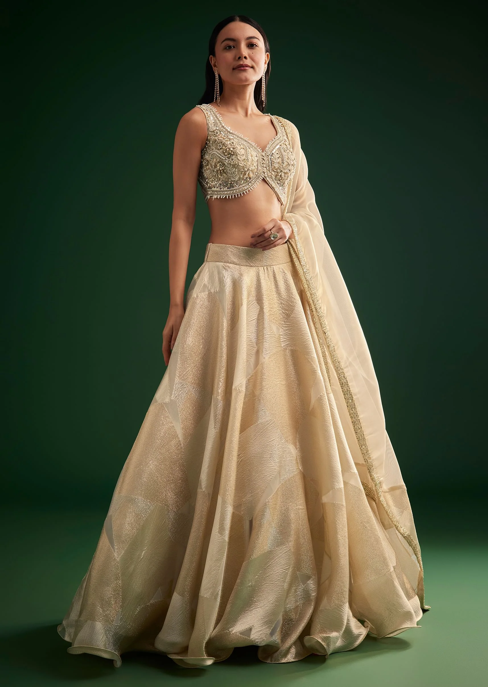 Gold Ivory Sequin Stone Work Choli Lehenga - Image 3