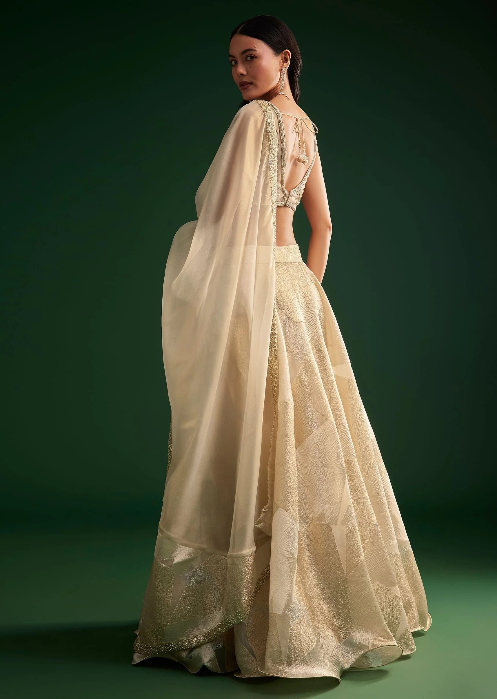 Gold Ivory Sequin Stone Work Choli Lehenga - Image 5