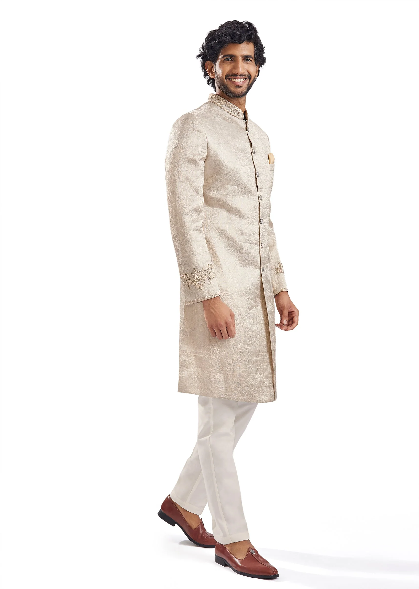 Gold Jacquard Classic Groomsman Sherwani - Image 3