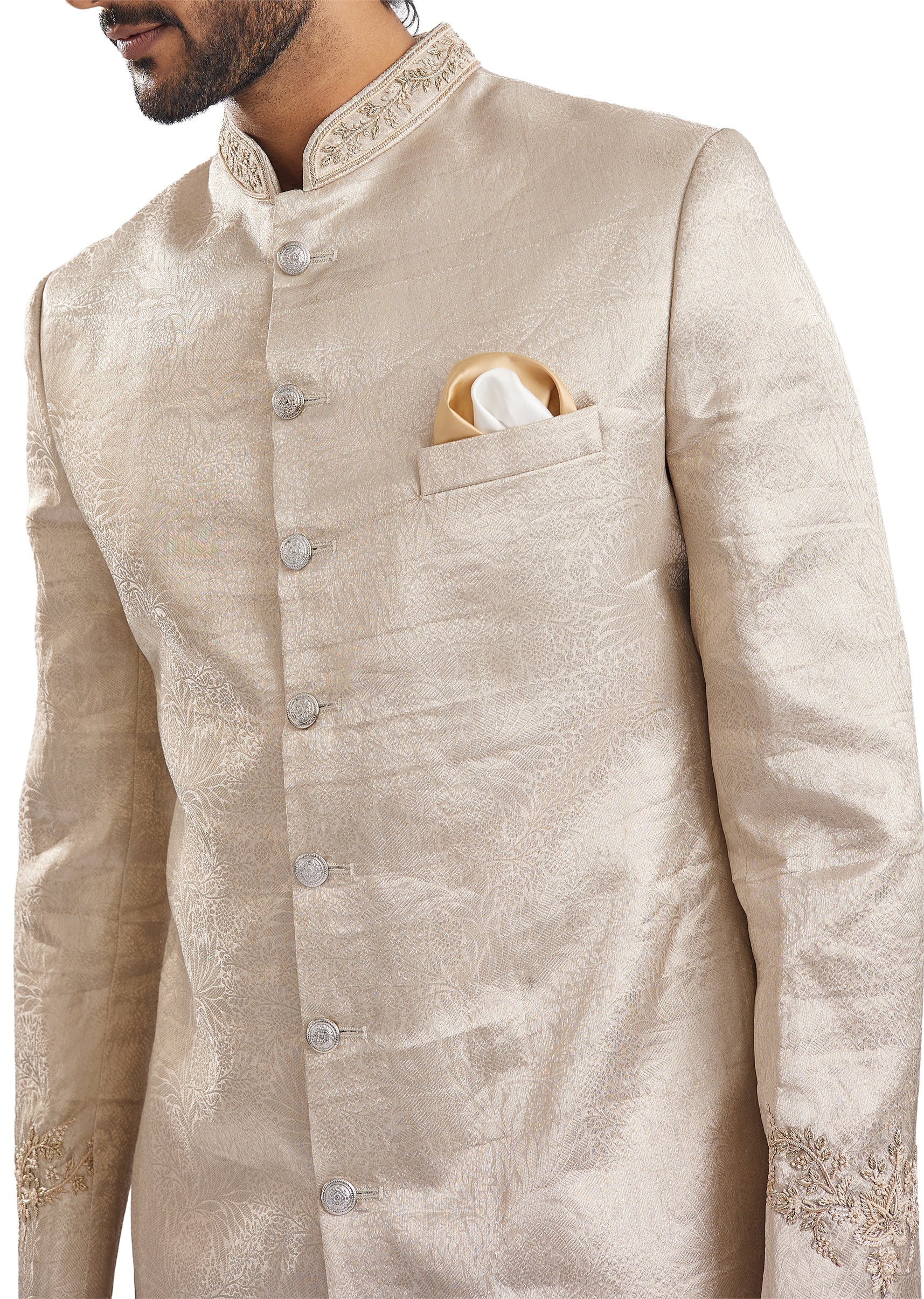 Gold Jacquard Classic Groomsman Sherwani - Image 5