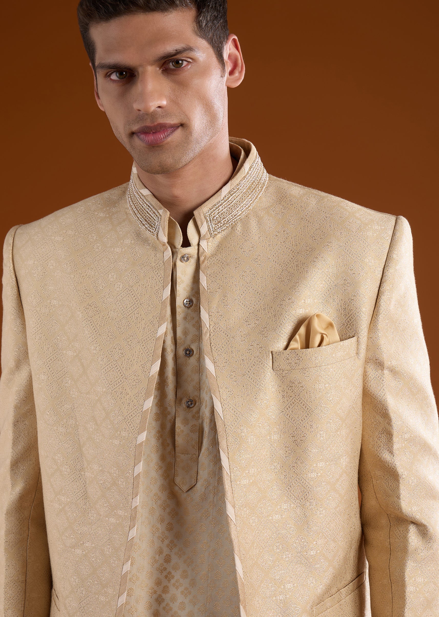 Gold Jacquard Mens Kurta Jacket Set With Thread Moti And Cut Dana Work - Image 3