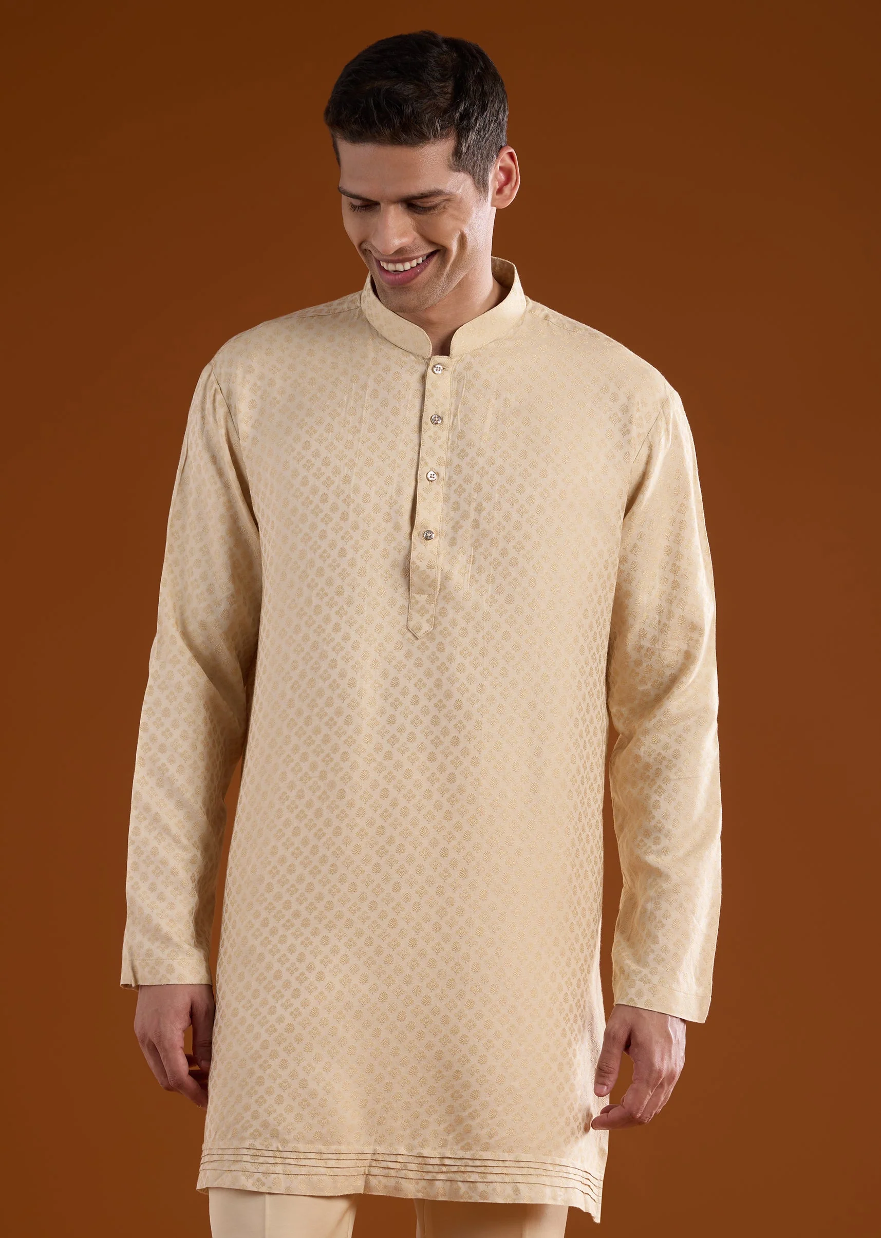 Gold Jacquard Mens Kurta Jacket Set With Thread Moti And Cut Dana Work - Image 6