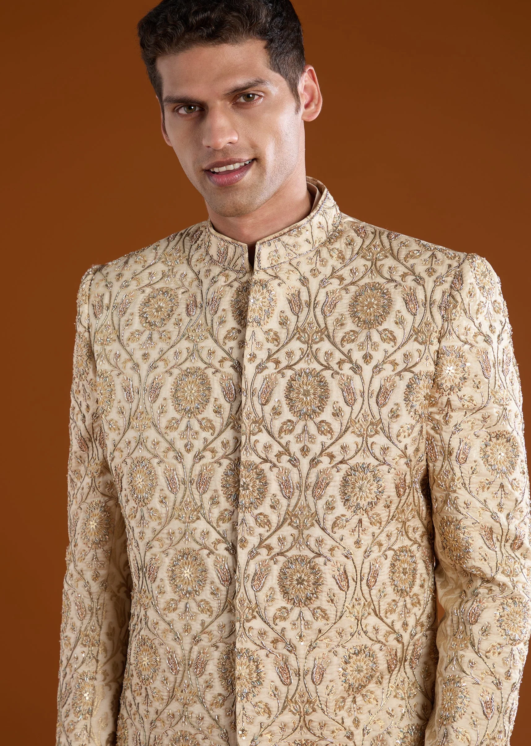 Gold Jacquard Sherwani Kurta Set - Image 4