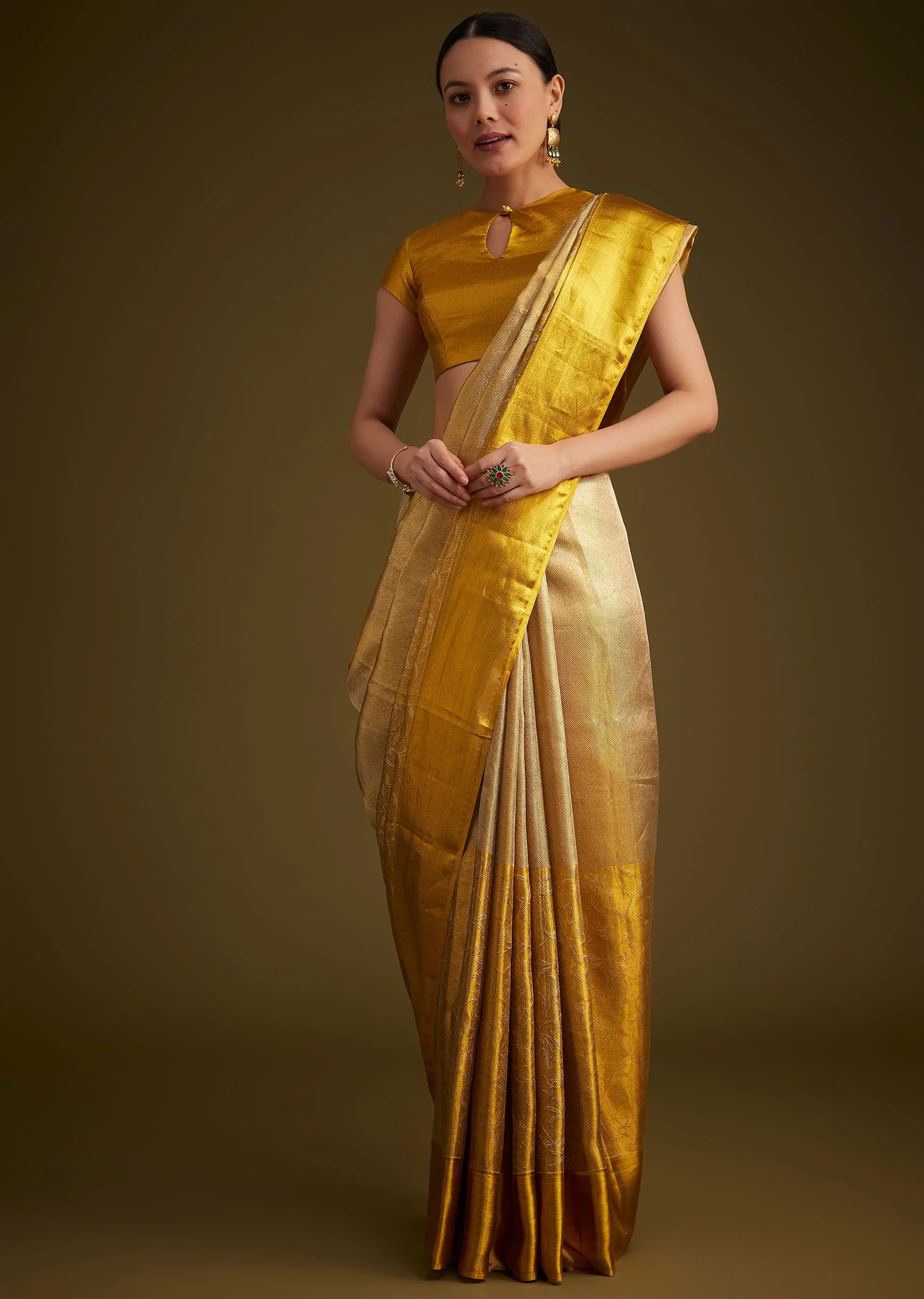 Gold Kanjivaram Silk Saree With Golden Zari Detailing - Image 6