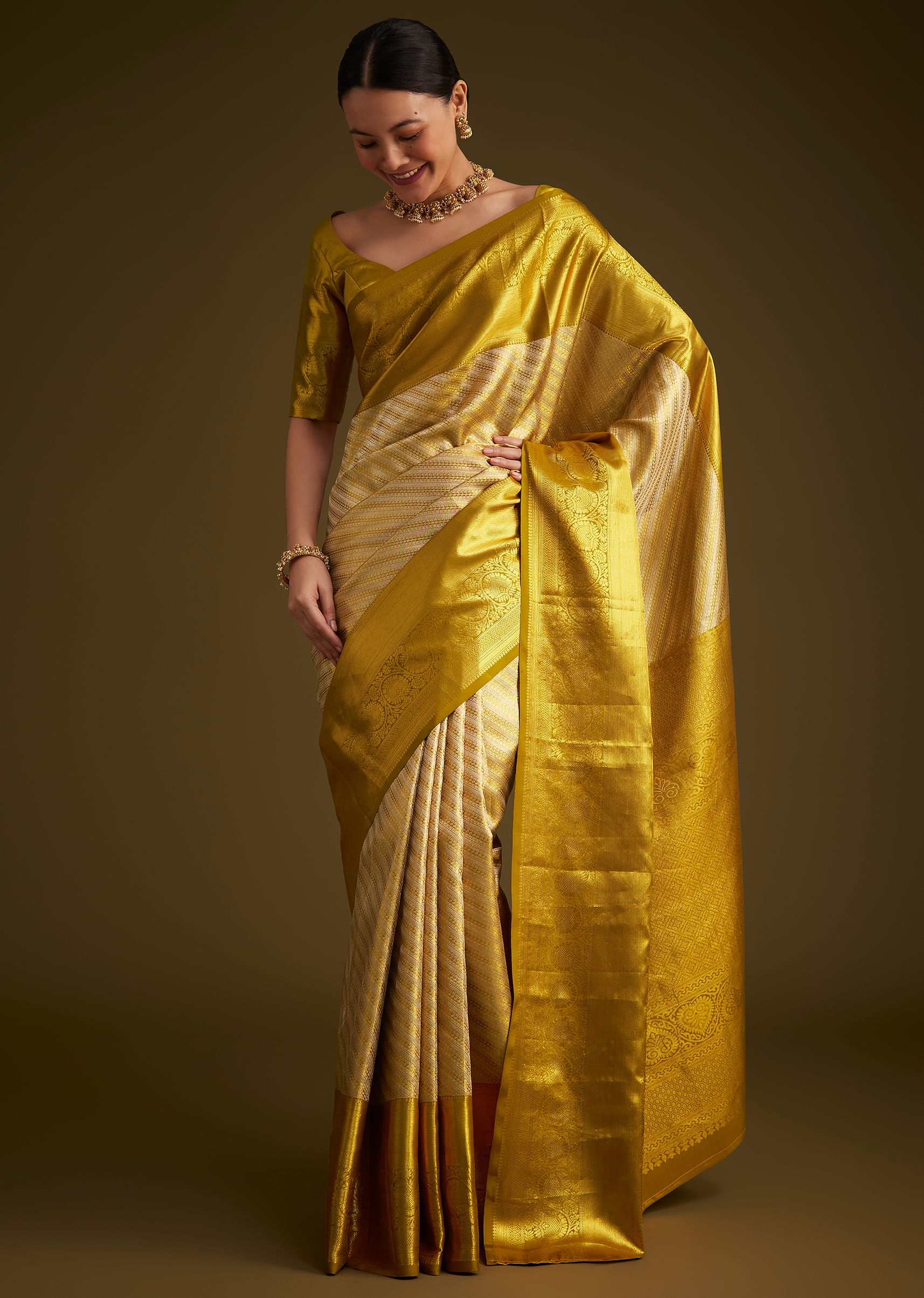 Gold Kanjivaram Silk Saree With Zari Border - Image 3