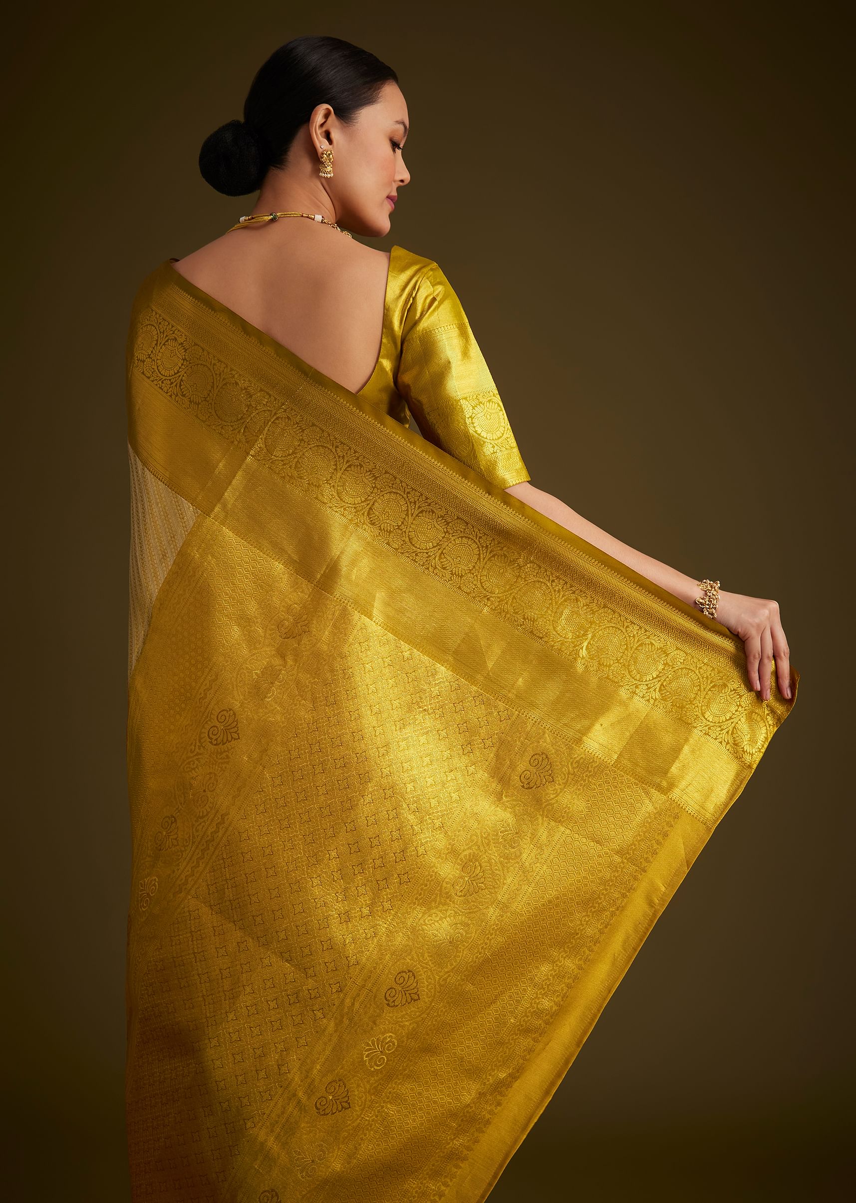 Gold Kanjivaram Silk Saree With Zari Border - Image 7