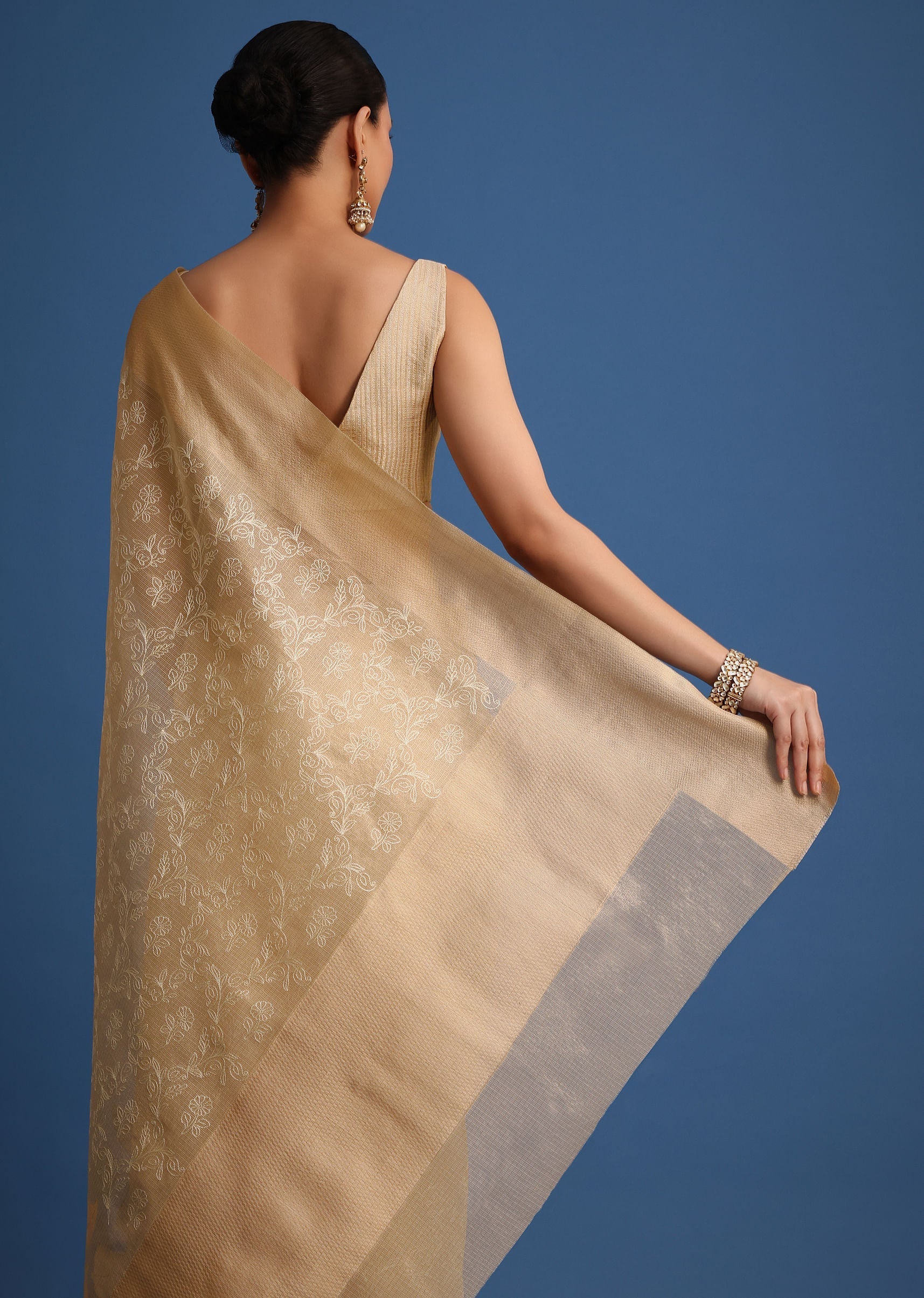 Gold Kota Cotton Resham Embroidered Saree - Image 6