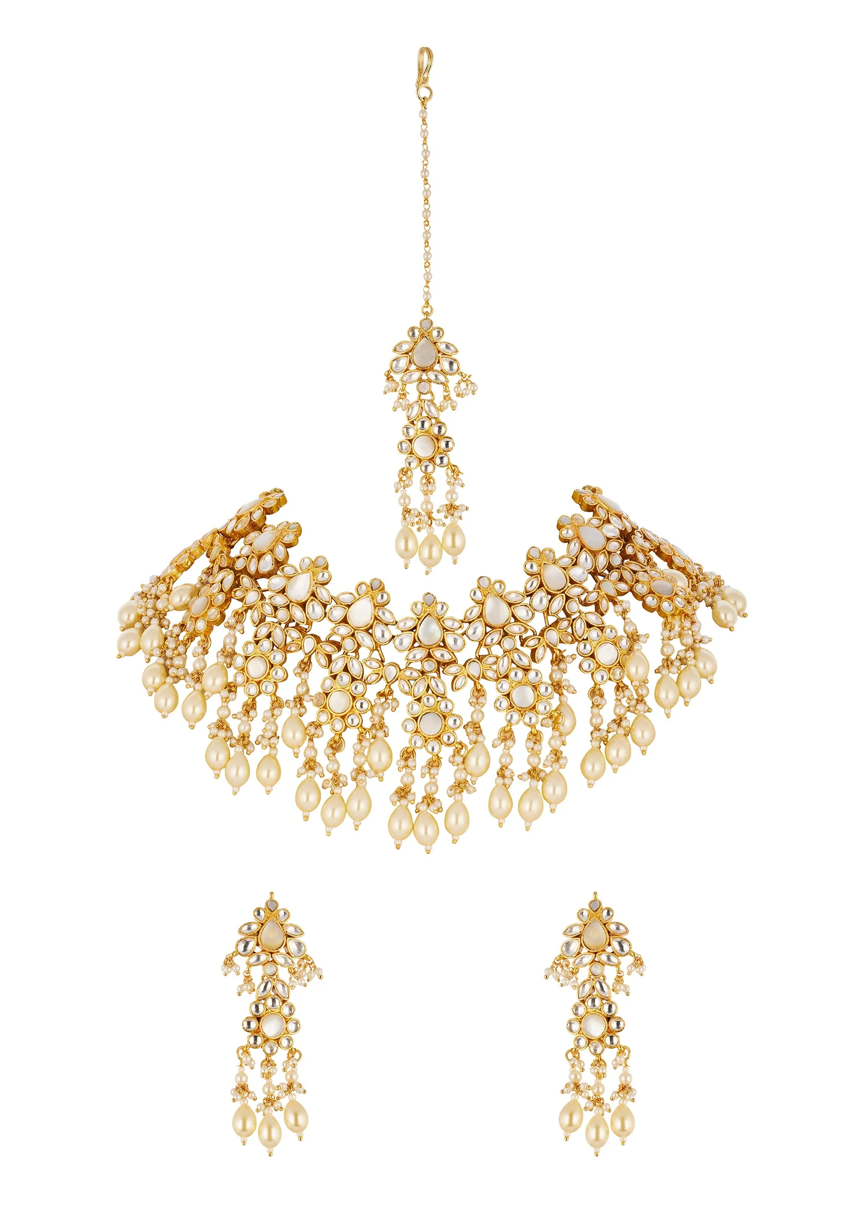 Gold Kundan Necklace Set with Faux Pearls