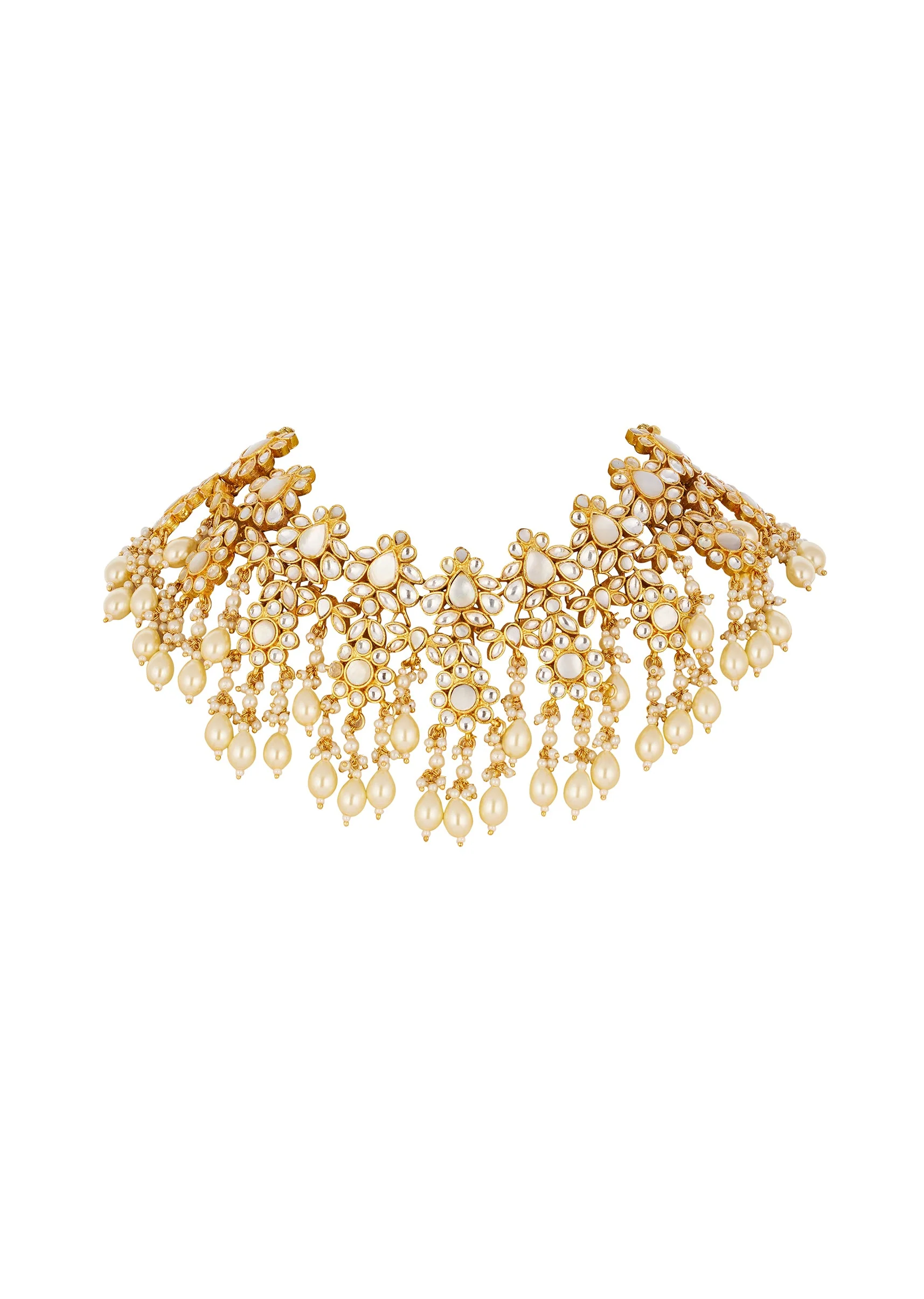 Gold Kundan Necklace Set with Faux Pearls - Image 2