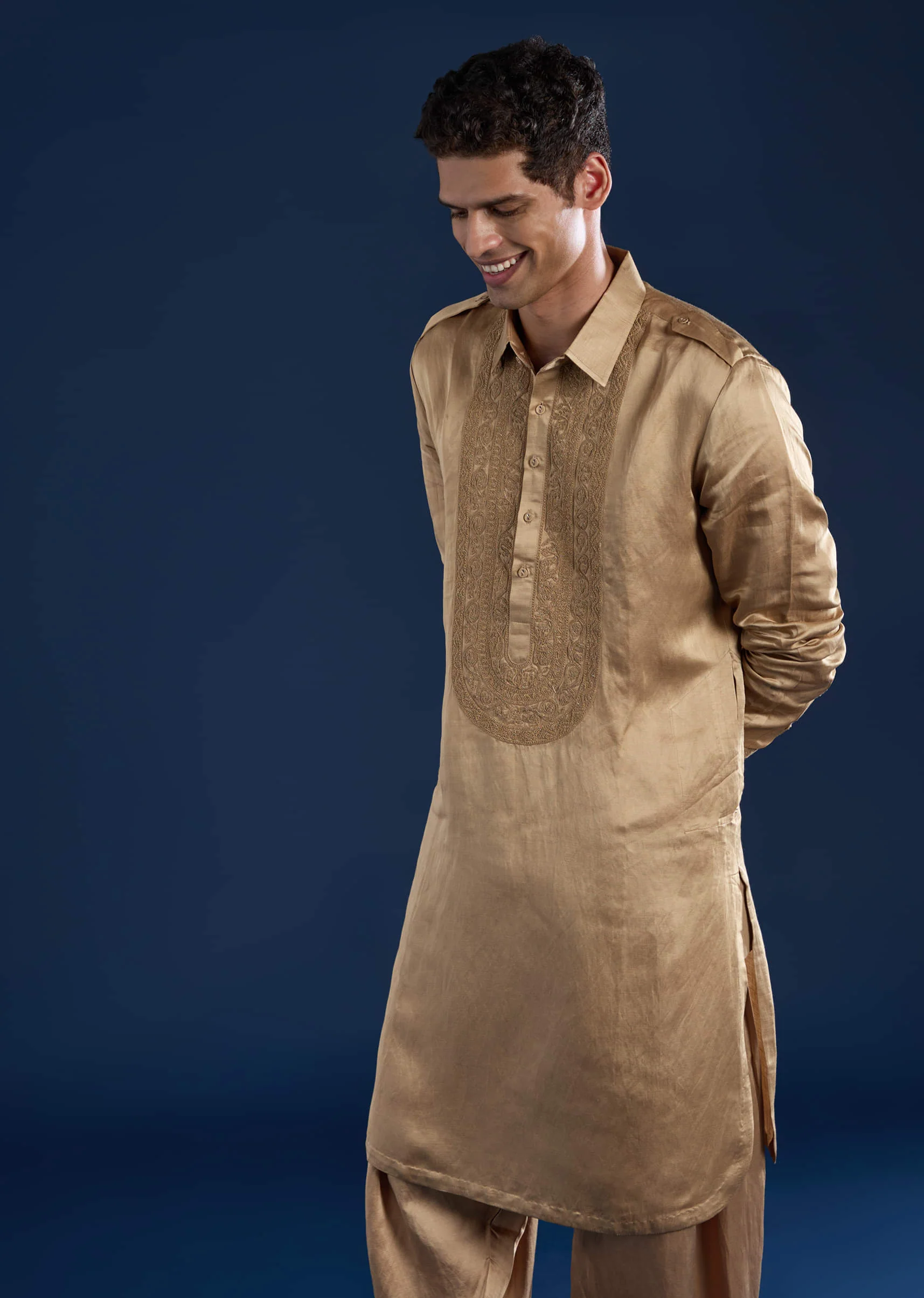 Gold Linen Satin Embroidered Mens Kurta and Pant Set - Image 3