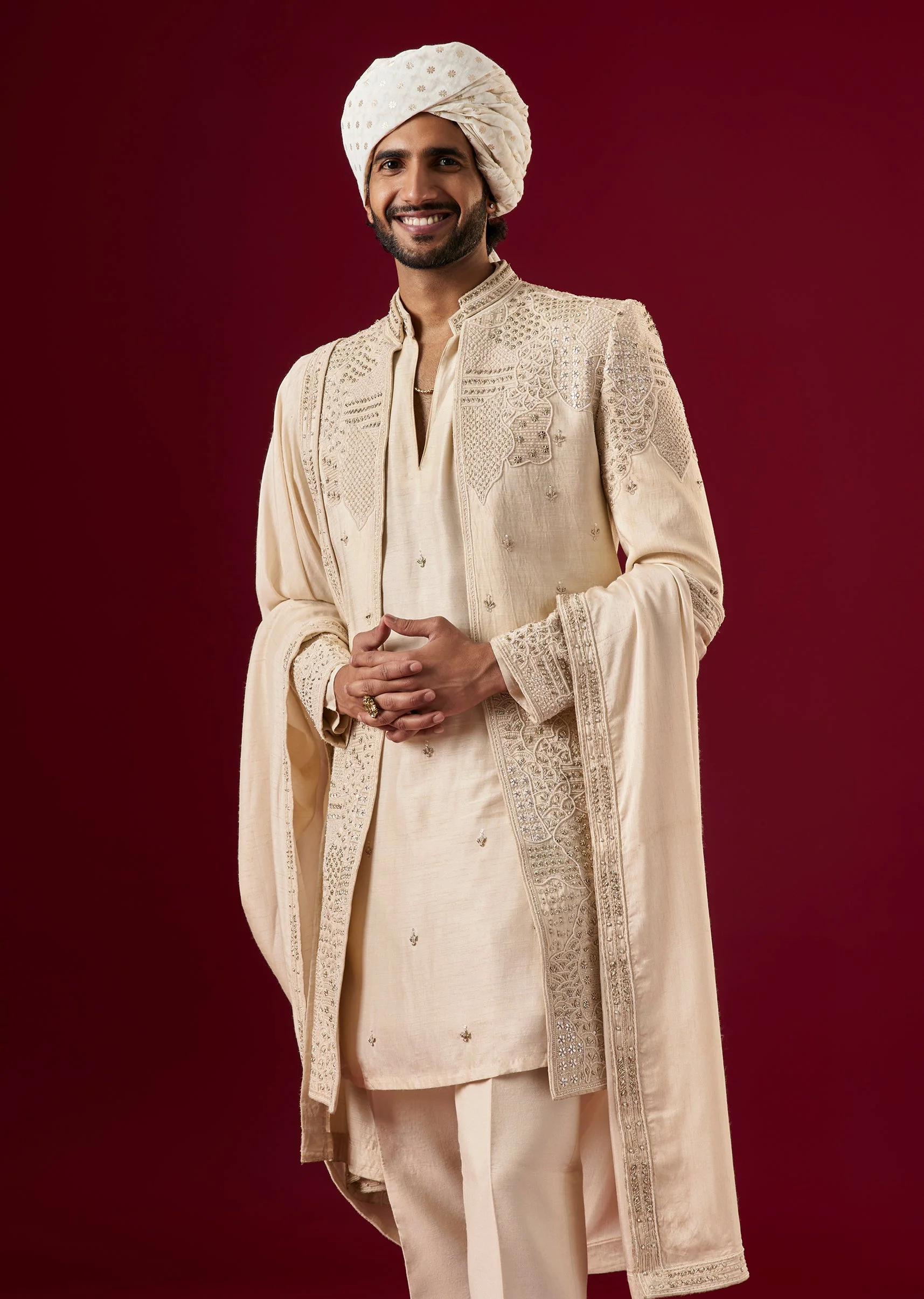 Gold Linen Sherwani Set With Self Embroidery - Image 2