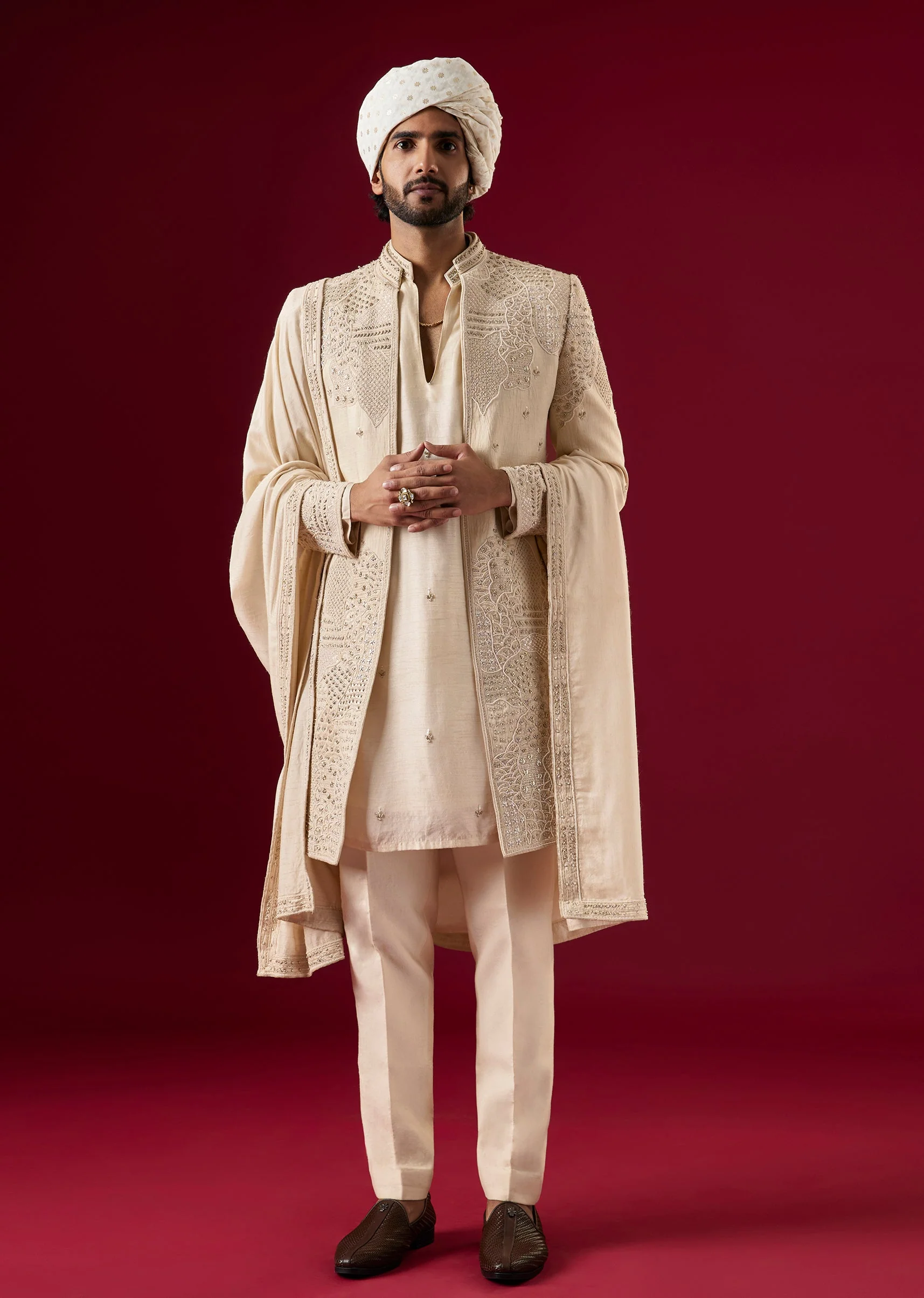 Gold Linen Sherwani Set With Self Embroidery - Image 3