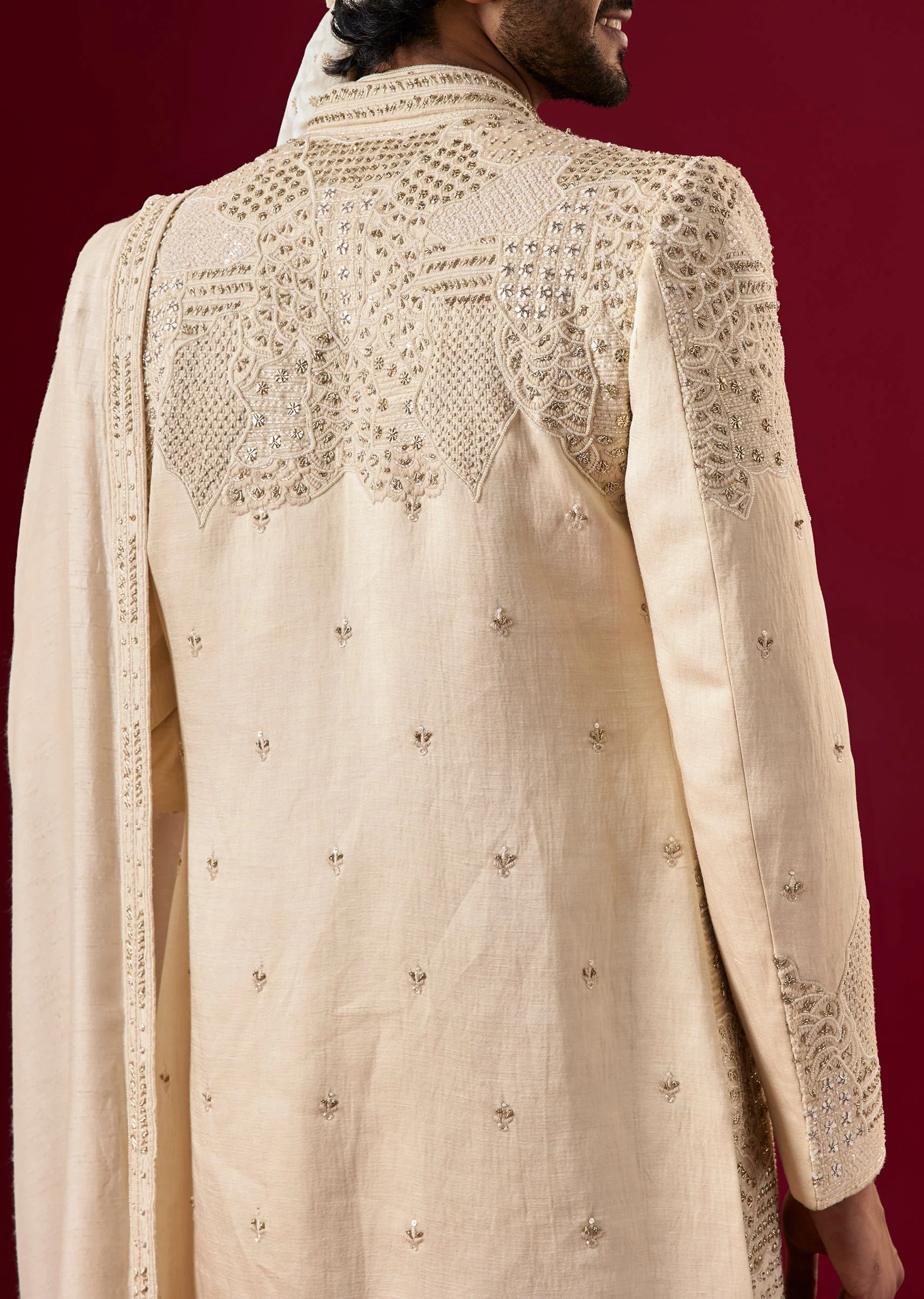 Gold Linen Sherwani Set With Self Embroidery - Image 4