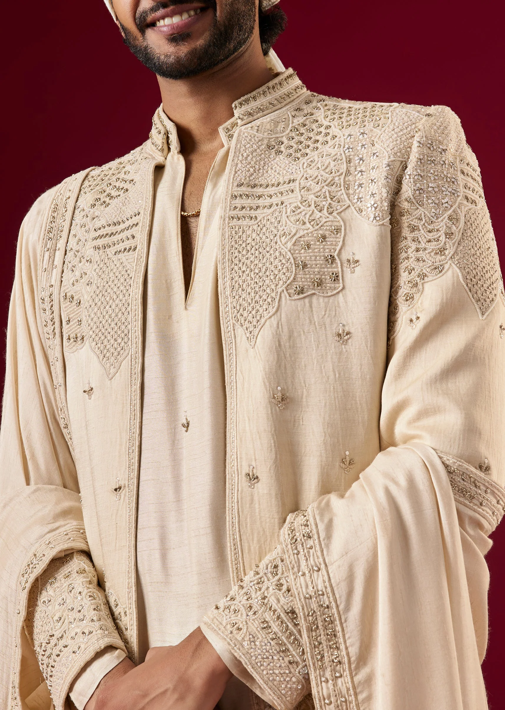 Gold Linen Sherwani Set With Self Embroidery - Image 5