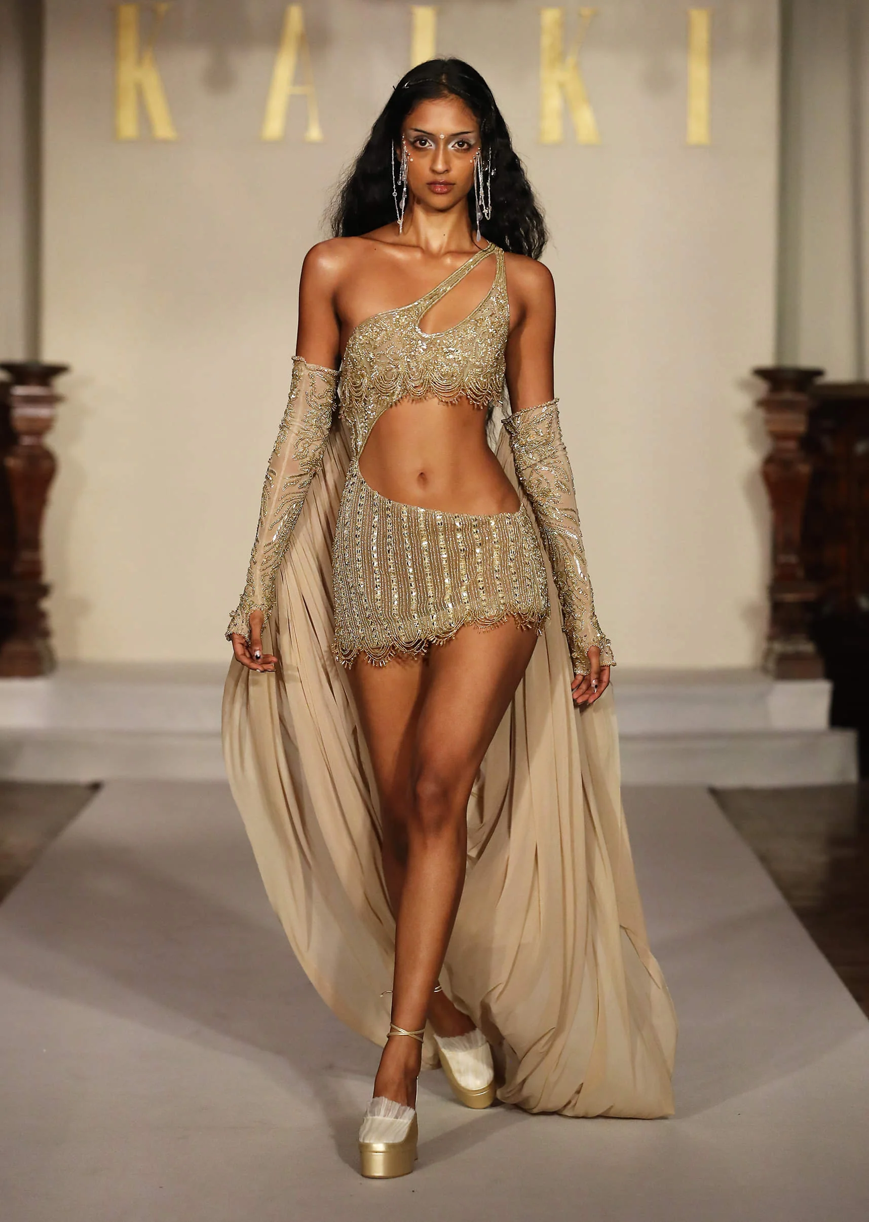 Gold Metallic Hand Embroidered Indo Western Asymmetric Short Gown