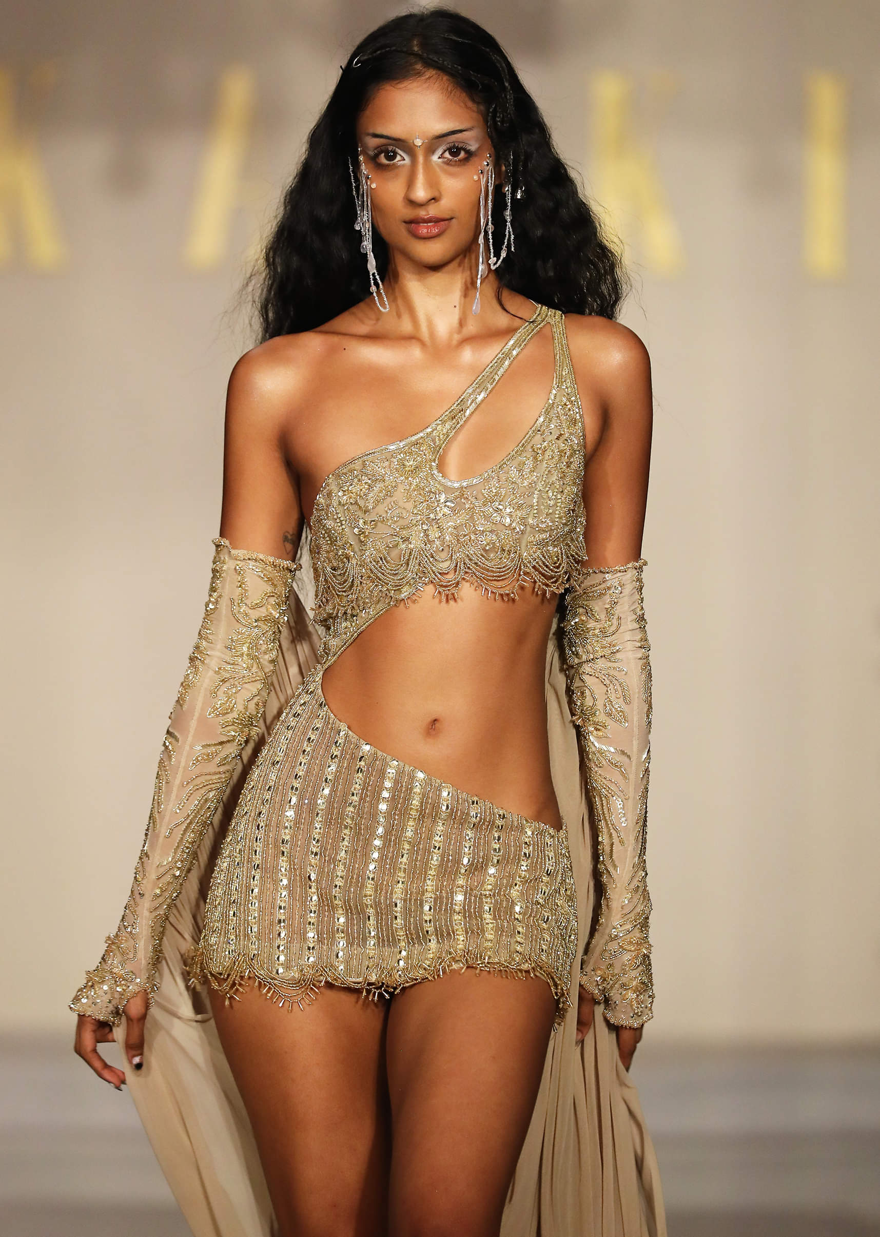 Gold Metallic Hand Embroidered Indo Western Asymmetric Short Gown - Image 2