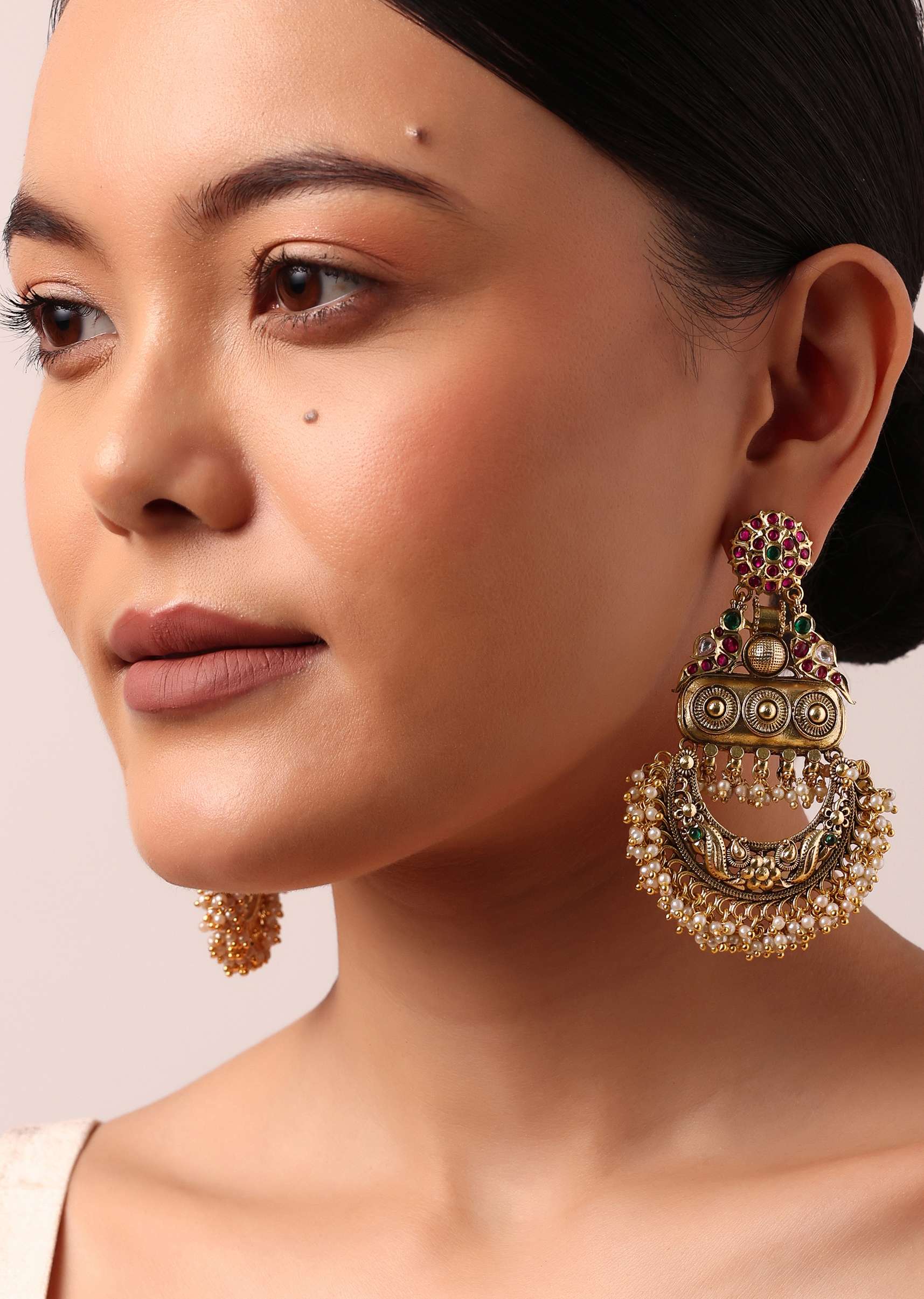 Gold Multi Tone Kundan Floral Danglers