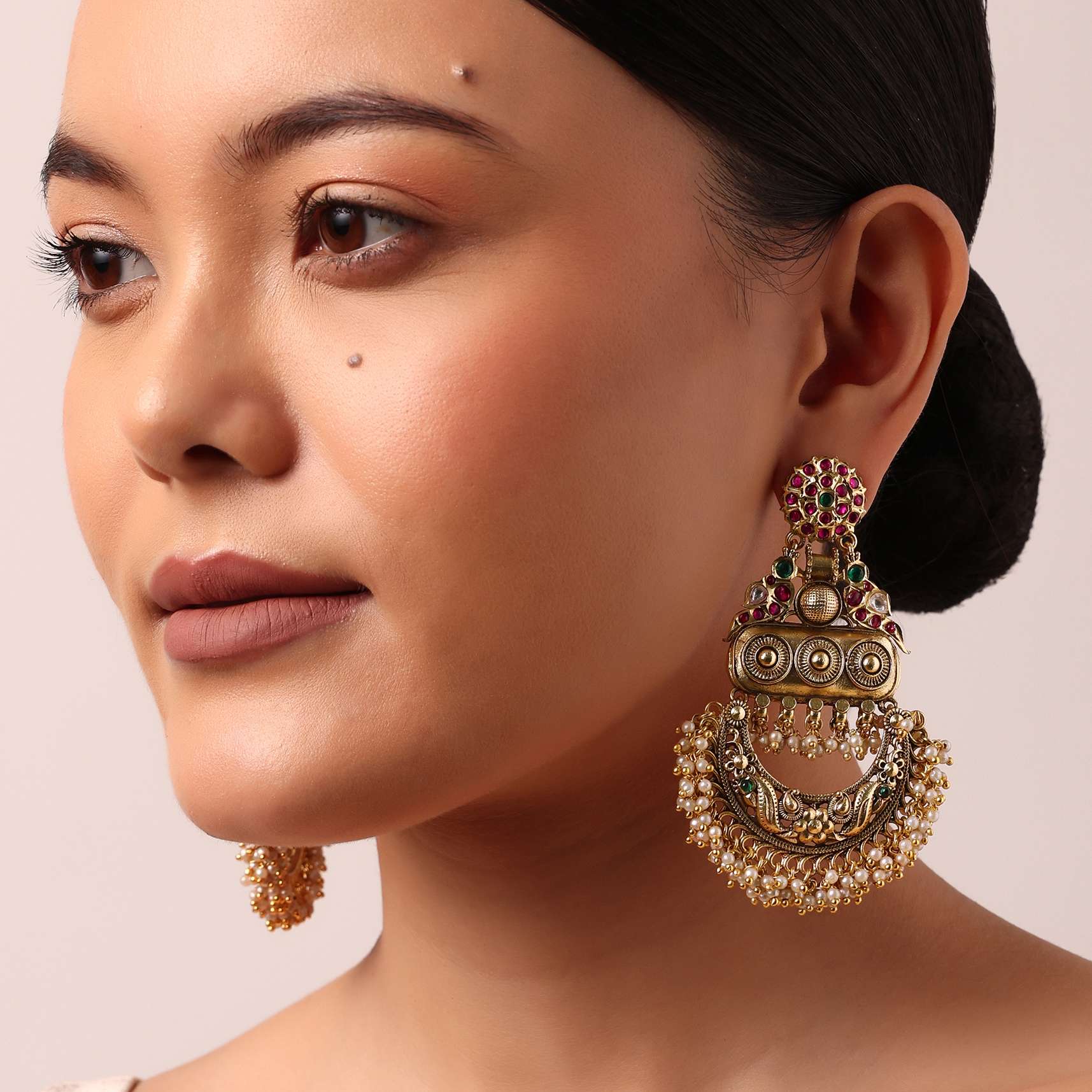 Gold Multi Tone Kundan Floral Danglers - Image 2